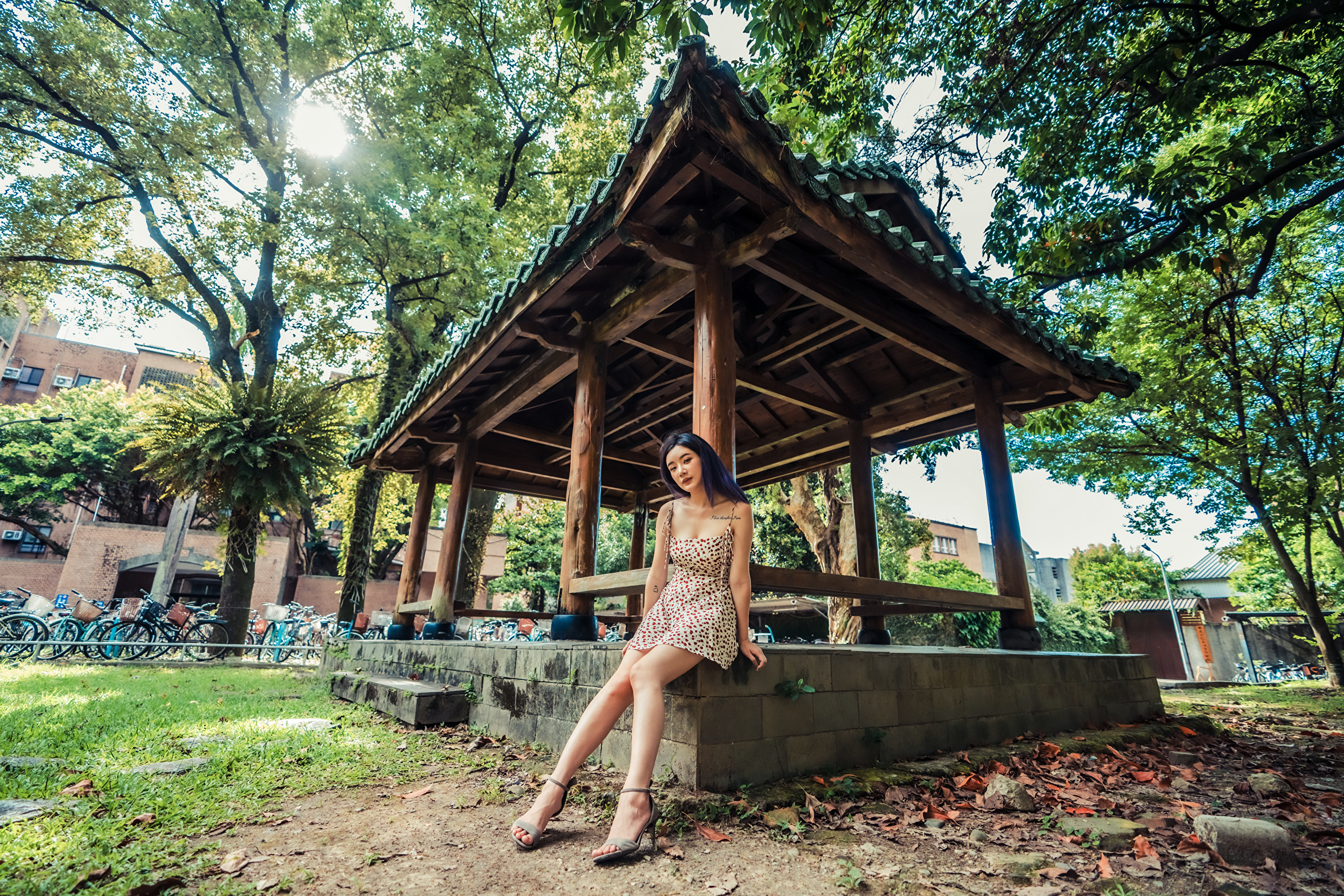 Asian Model Women Women Outdoors Long Hair Dark Hair Pavilion Sitting Barefoot Sandal Heels Tattoo D 2560x1707