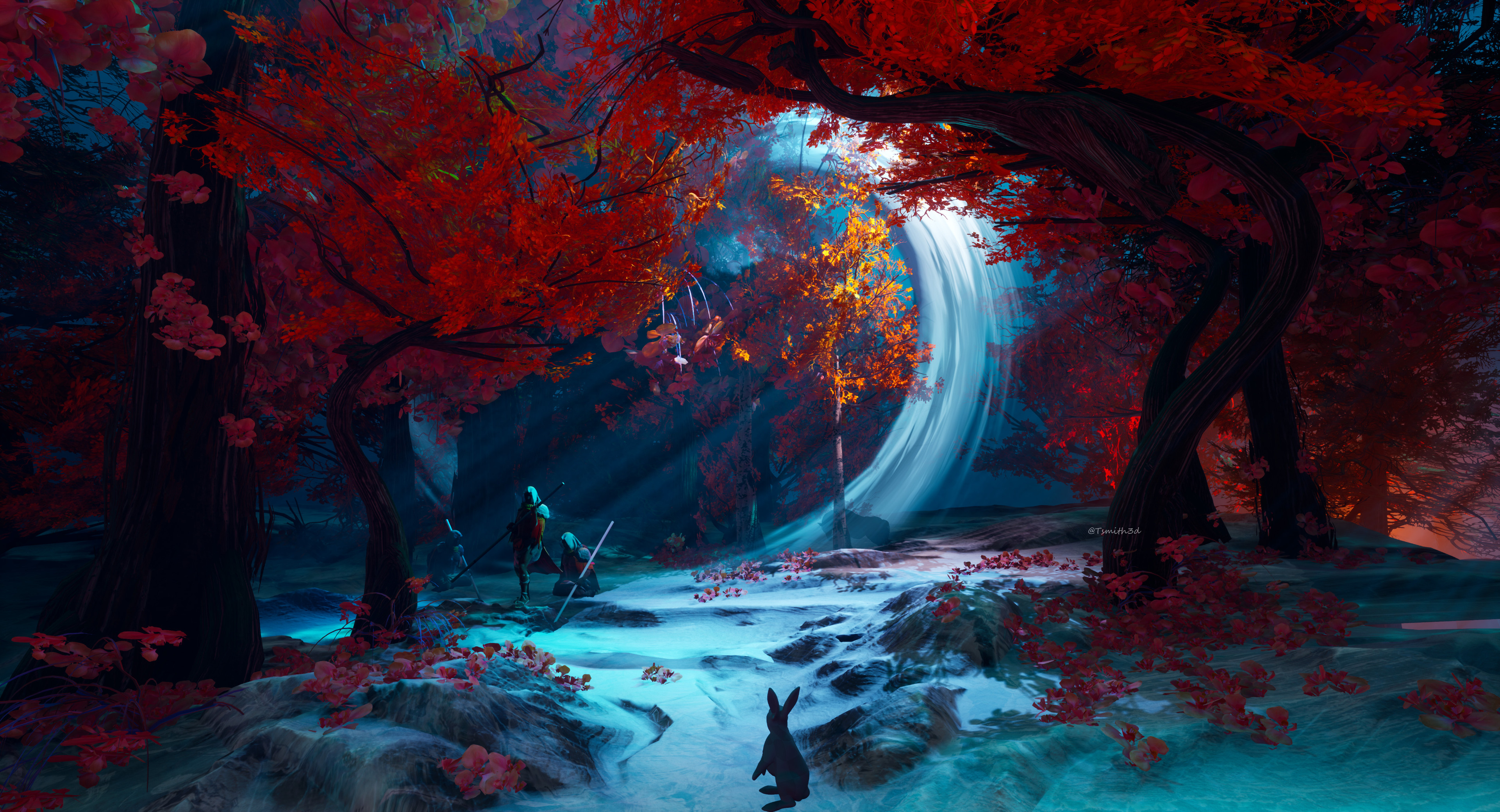 Tyler Smith Digital Art Fantasy Art Rabbits Trees Red Spear Forest 3840x2080