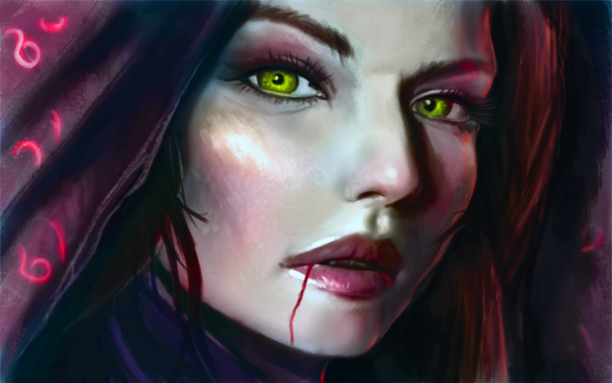 Blood Dark Face Fantasy Girl Green Eyes Vampire Woman 1958x1226