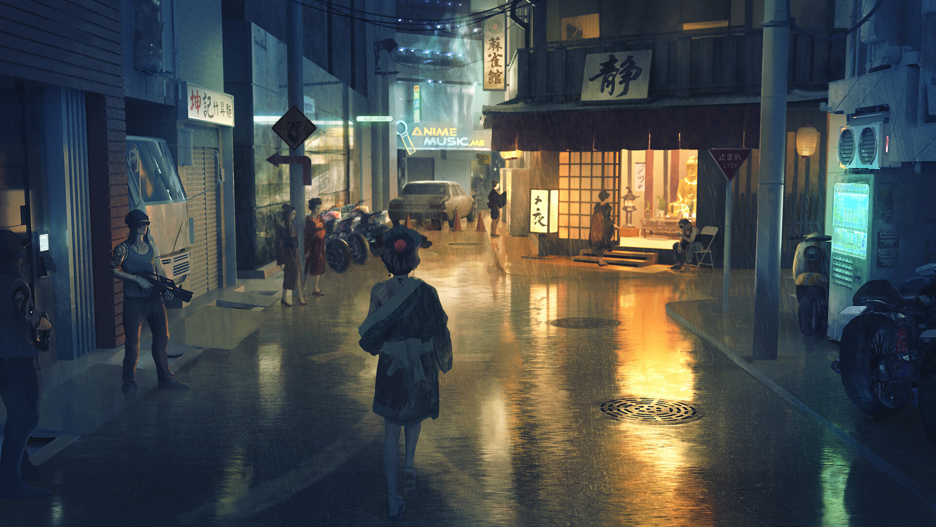 Kimono Night Street Girl 1920x1080