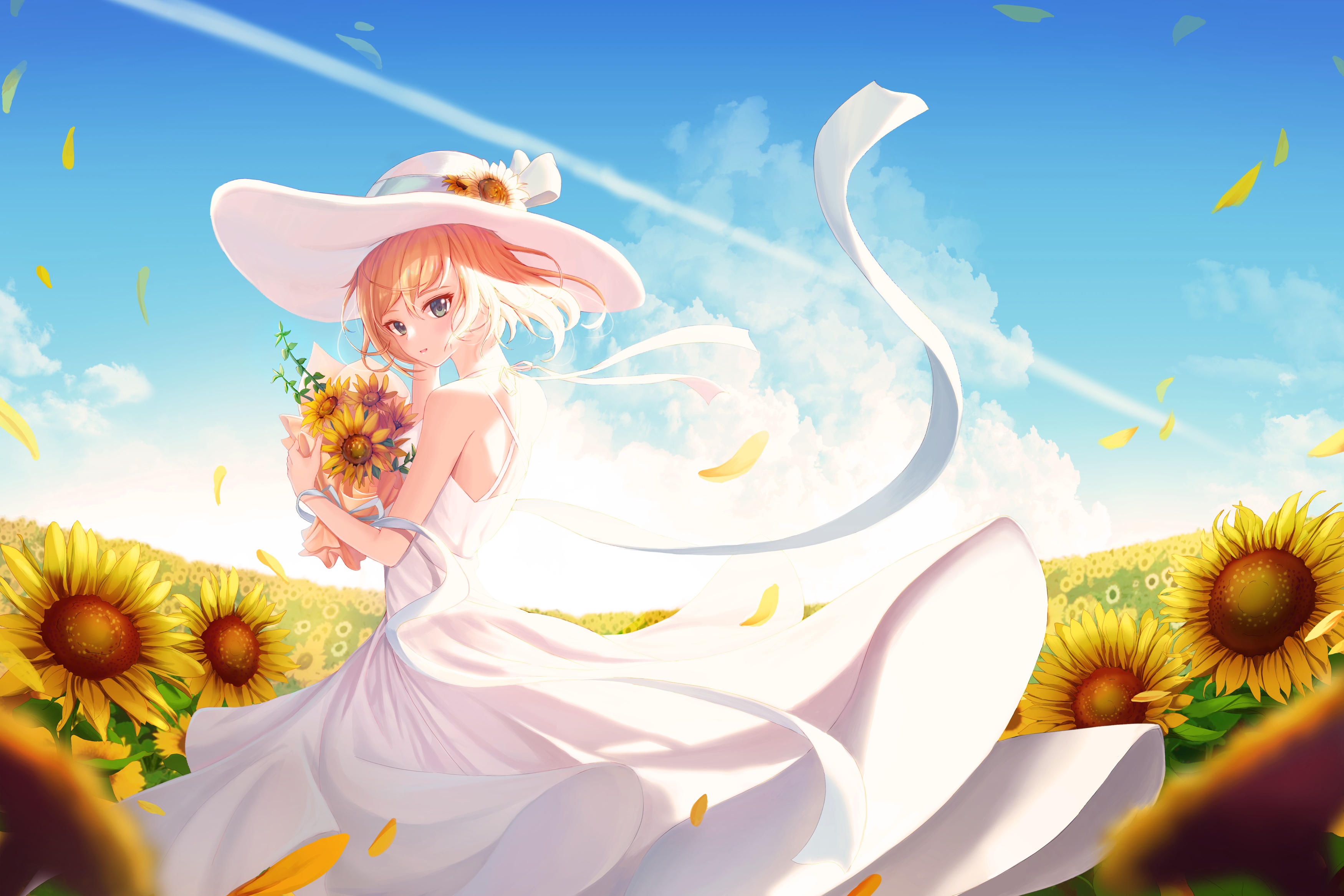 Anime Anime Girls Dress Sun Dress Hat Blonde Sunflowers 3500x2333