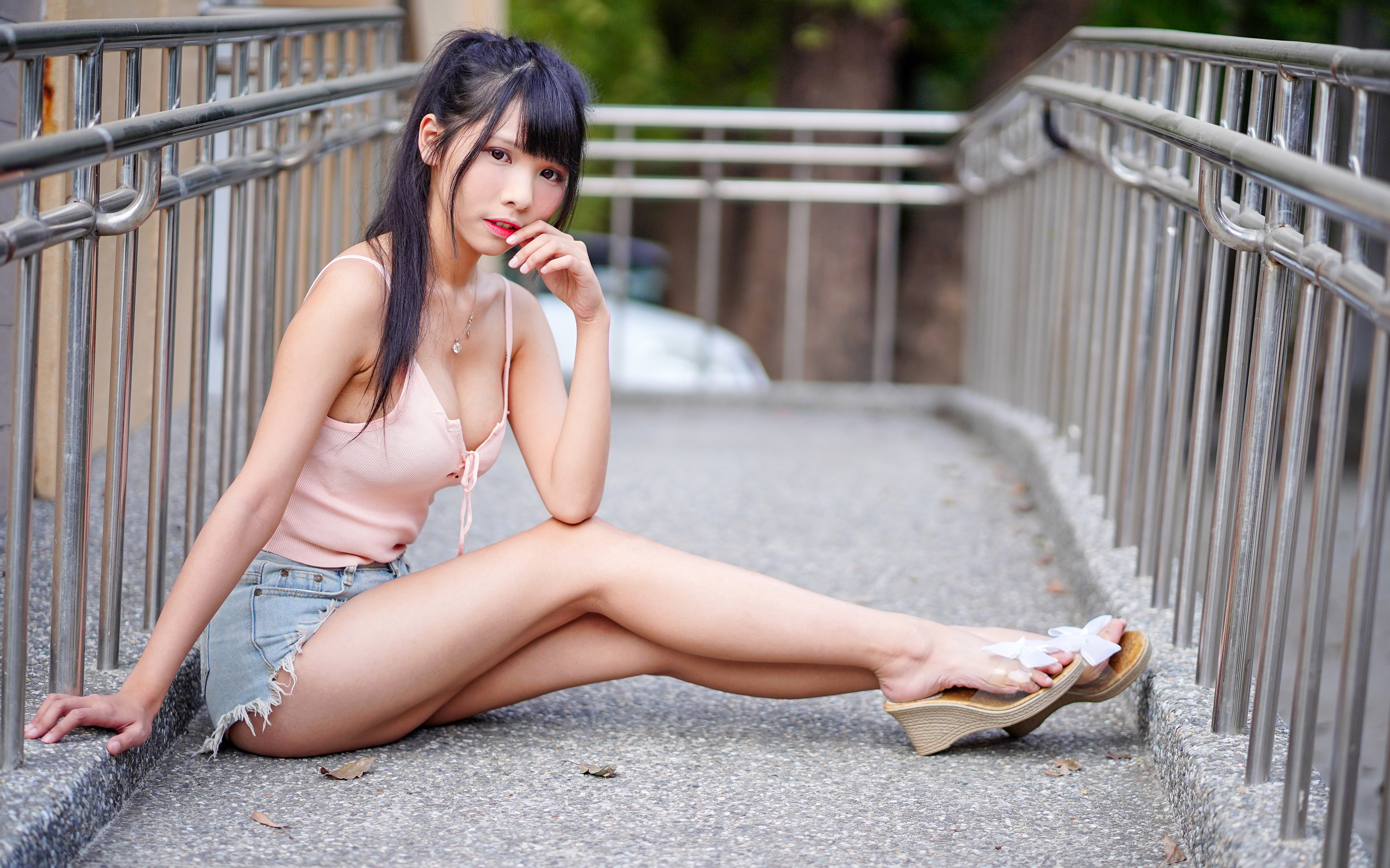 Asian Model Women Long Hair Dark Hair Women Outdoors Sitting Vicky Ponytail Railings Barefoot Sandal 3840x2400