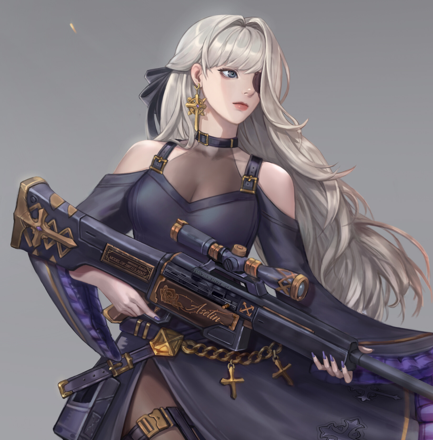 Discuzz ArtStation Anime Anime Girls Long Hair Weapon Eyepatches Rifles Sniper Rifle Girls With Guns 1818x1851