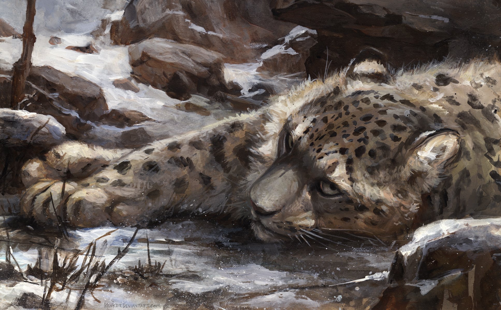 Kenket Snow Leopard Snow Rocks Feline Photorealism Painting Big Cats 1935x1196