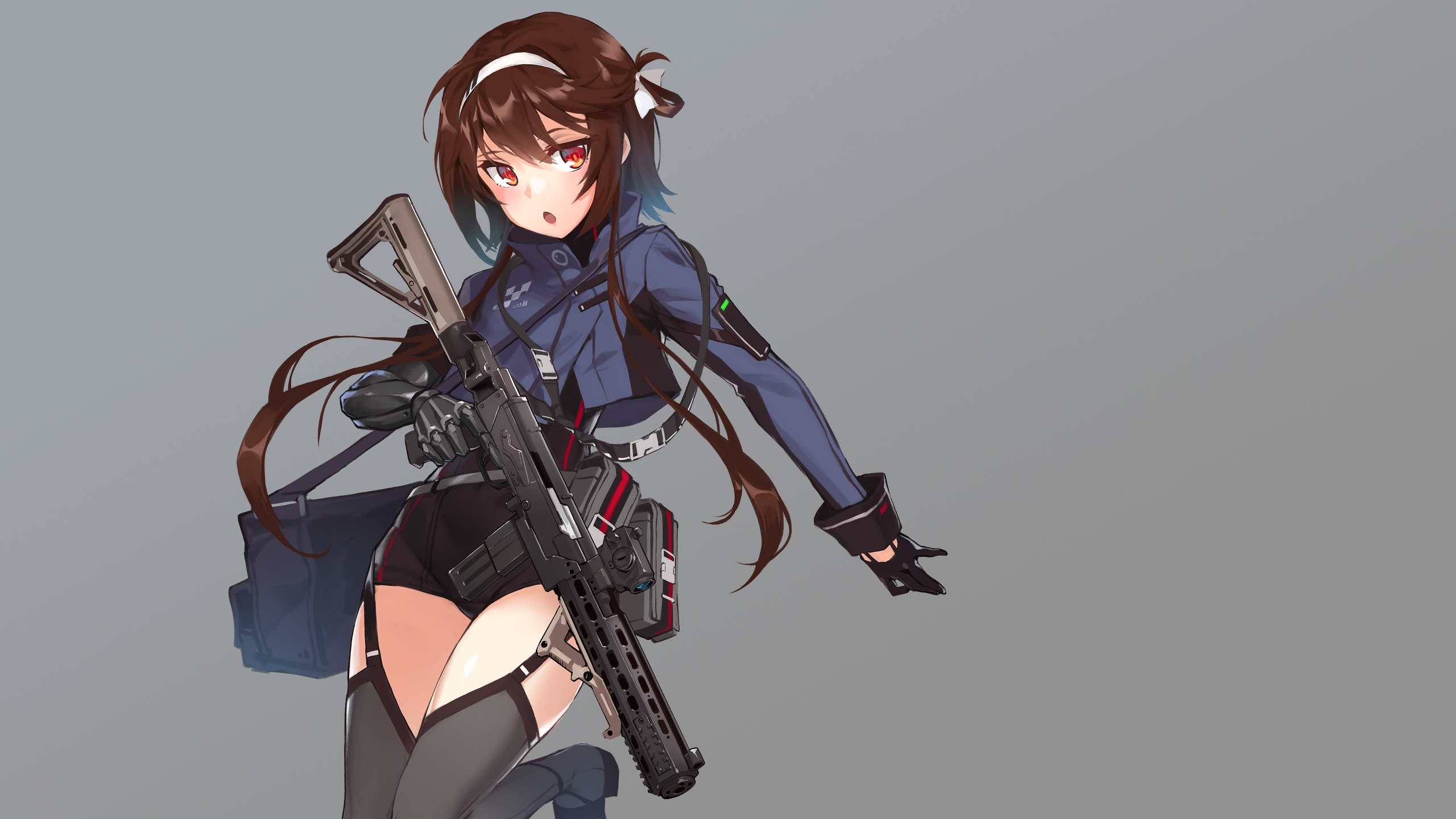 Anime Gun Tactical Rifles Brunette Red Eyes 2560x1440