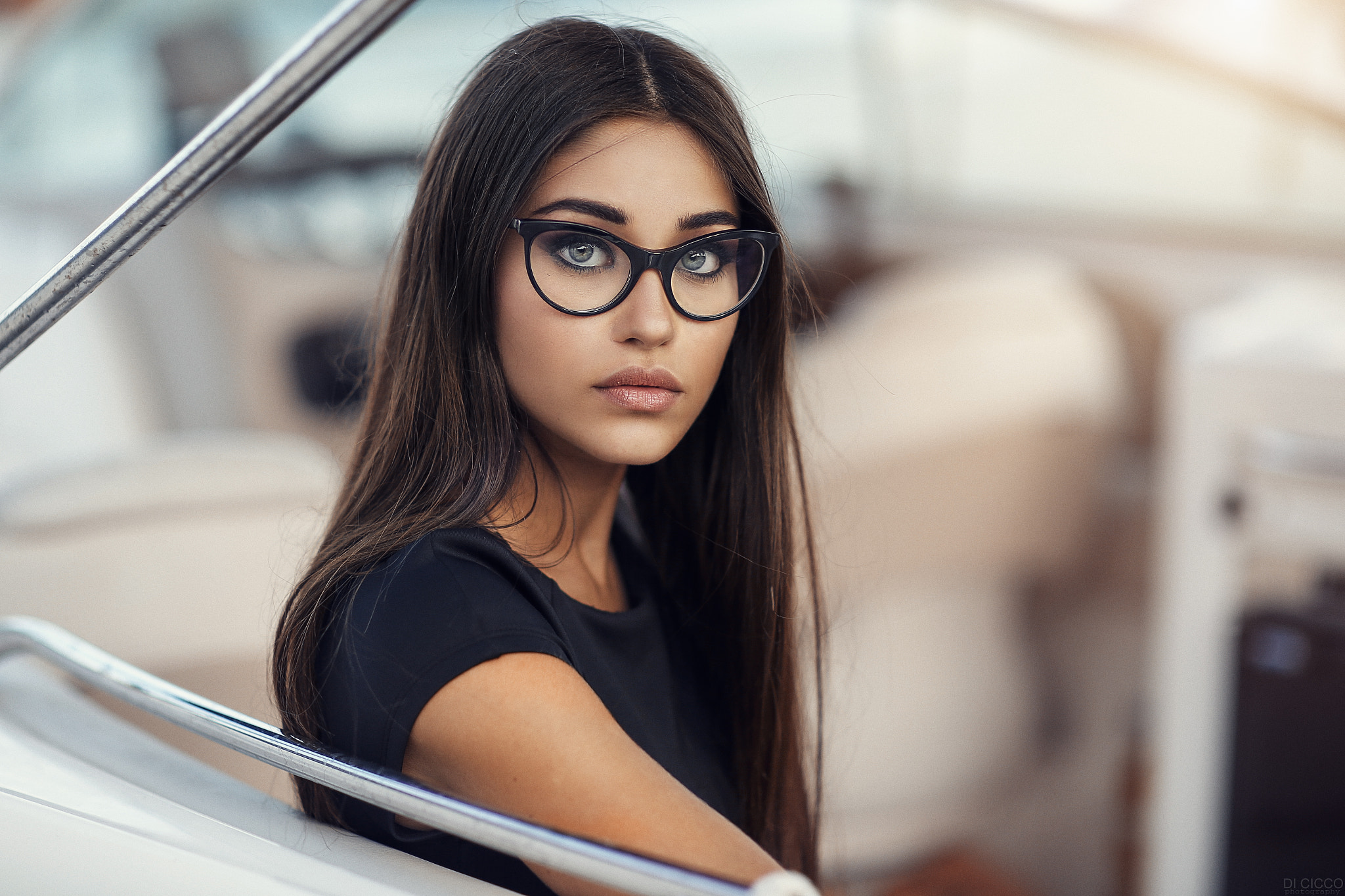 Alessandro Di Cicco Women Brunette Long Hair Glasses Looking At Viewer Black Clothing Blue Eyes Port 2048x1365