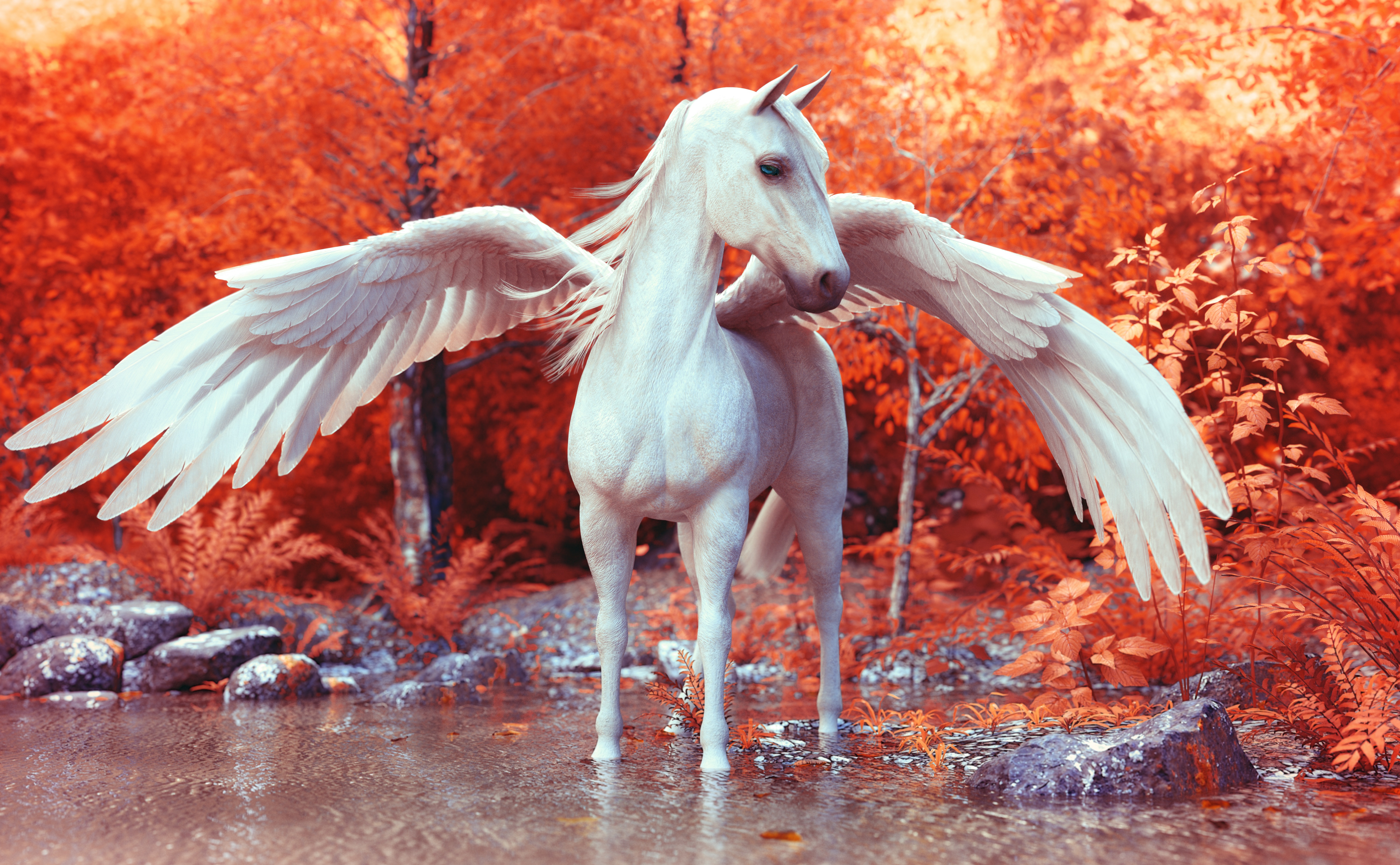 Artwork Animals Pegasus Wings Lake Orange Pond Horse Fantasy Art Trees Forest Nature White 3D 6000x3708