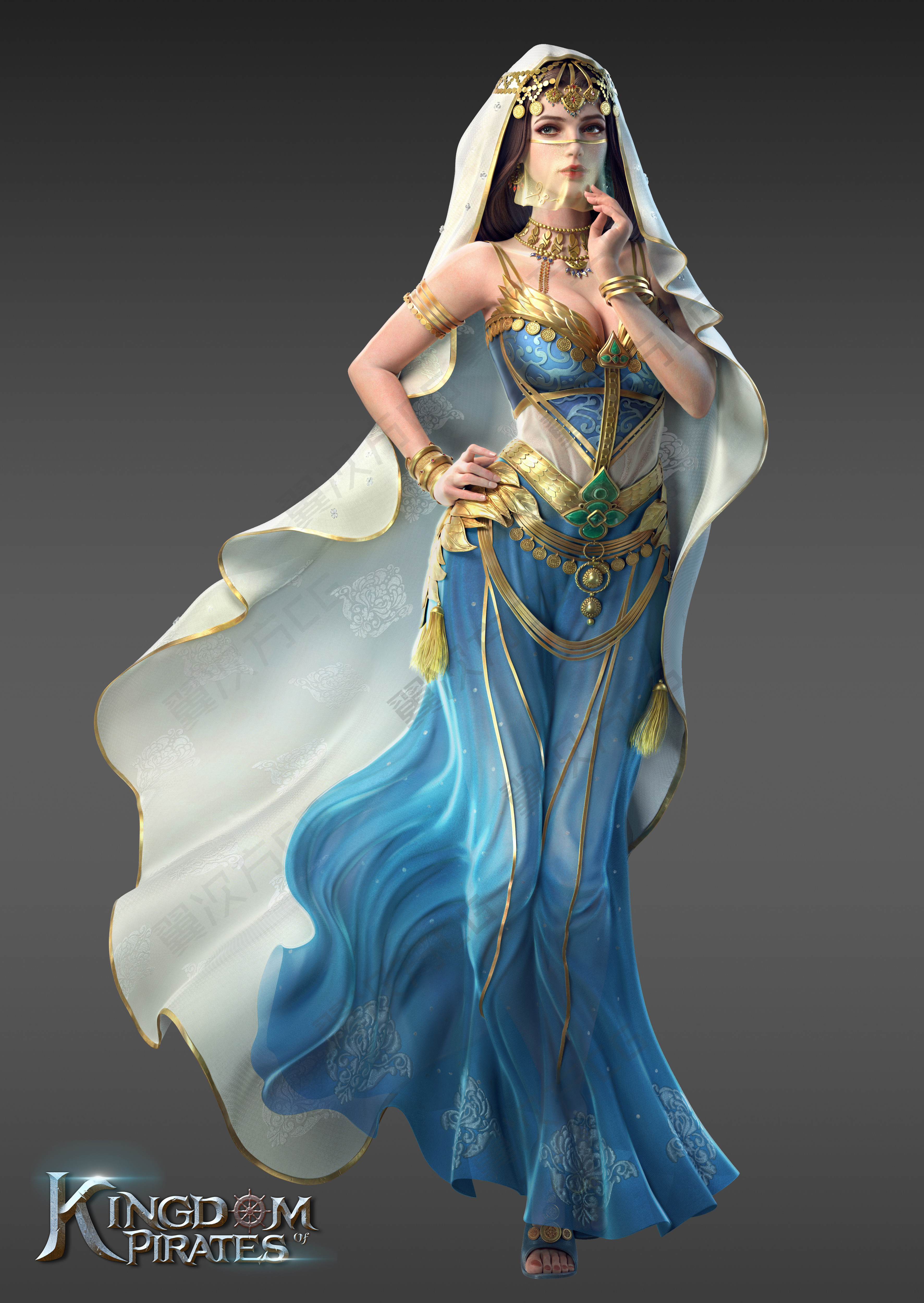 Cifangyi CGi Women Shawl Veils Gold Dress Makeup Glamour Blue Clothing Video Game Art 3545x5000
