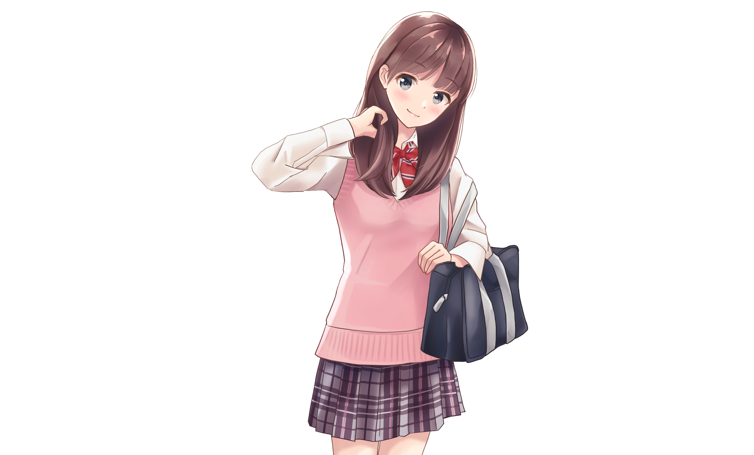 Girl School Uniform Original Anime Smile Brown Hair Skirt Bag 2400x1449
