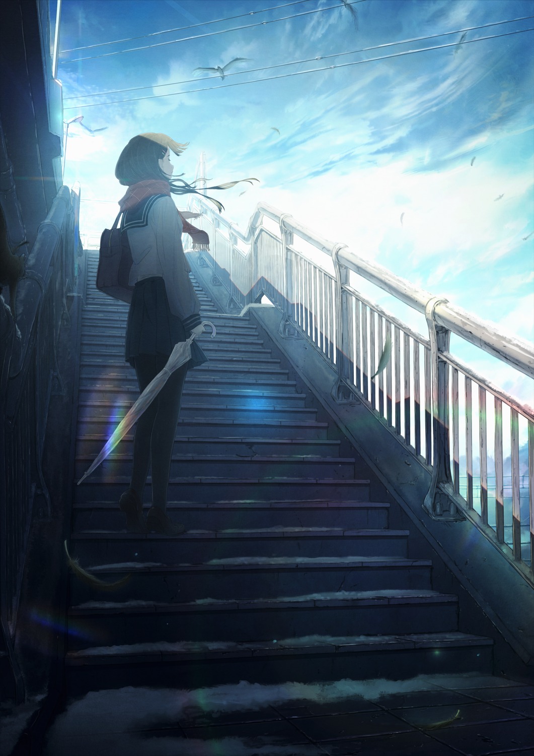 Lexica - Anime boy on the stairs on a Japanese street saying goodbye to his  friends, looking at the camera with smile