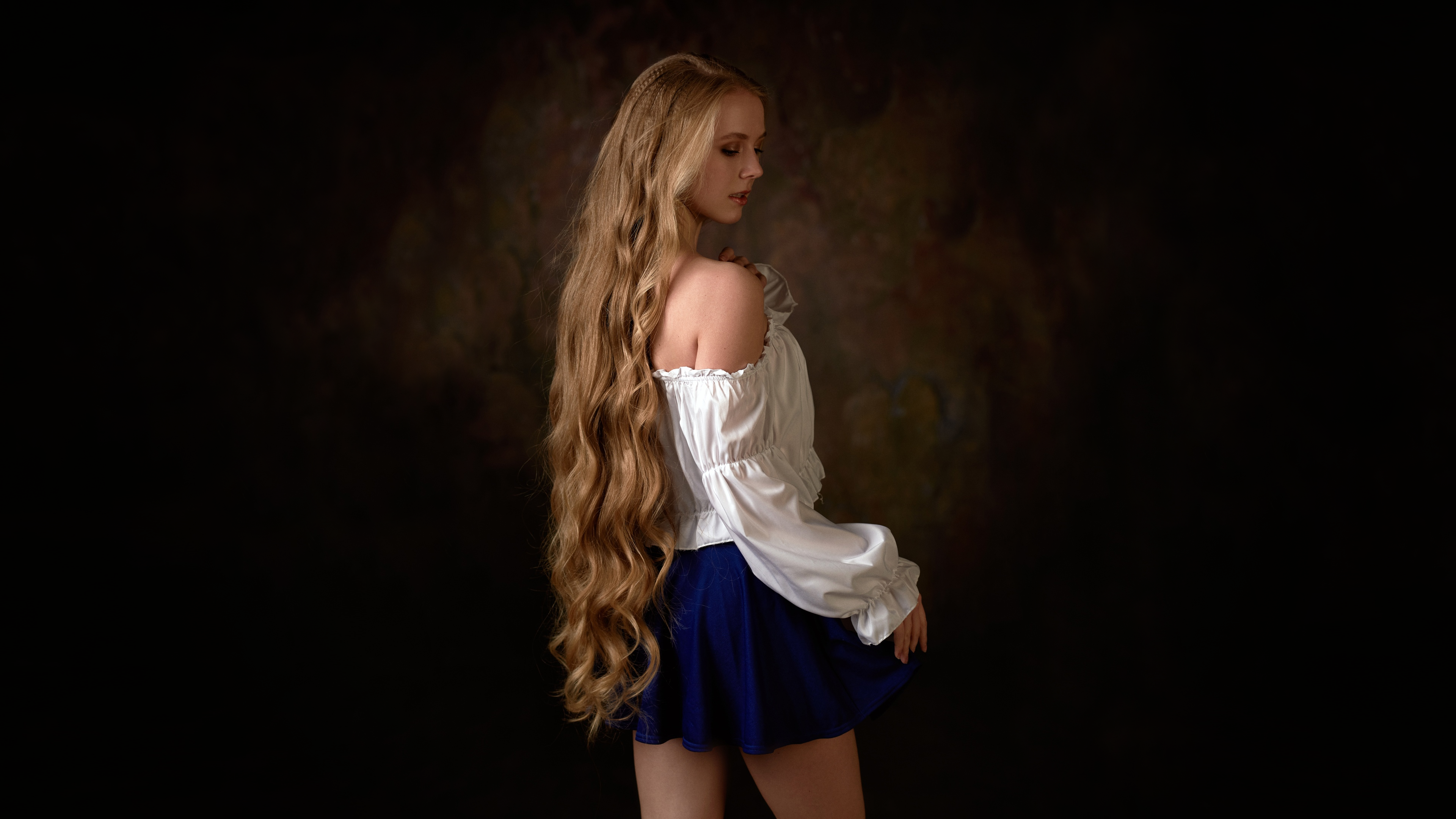 Max Pyzhik Women Model Blonde Long Hair Profile Parted Lips Bare Shoulders White Tops Behind Studio  3840x2160