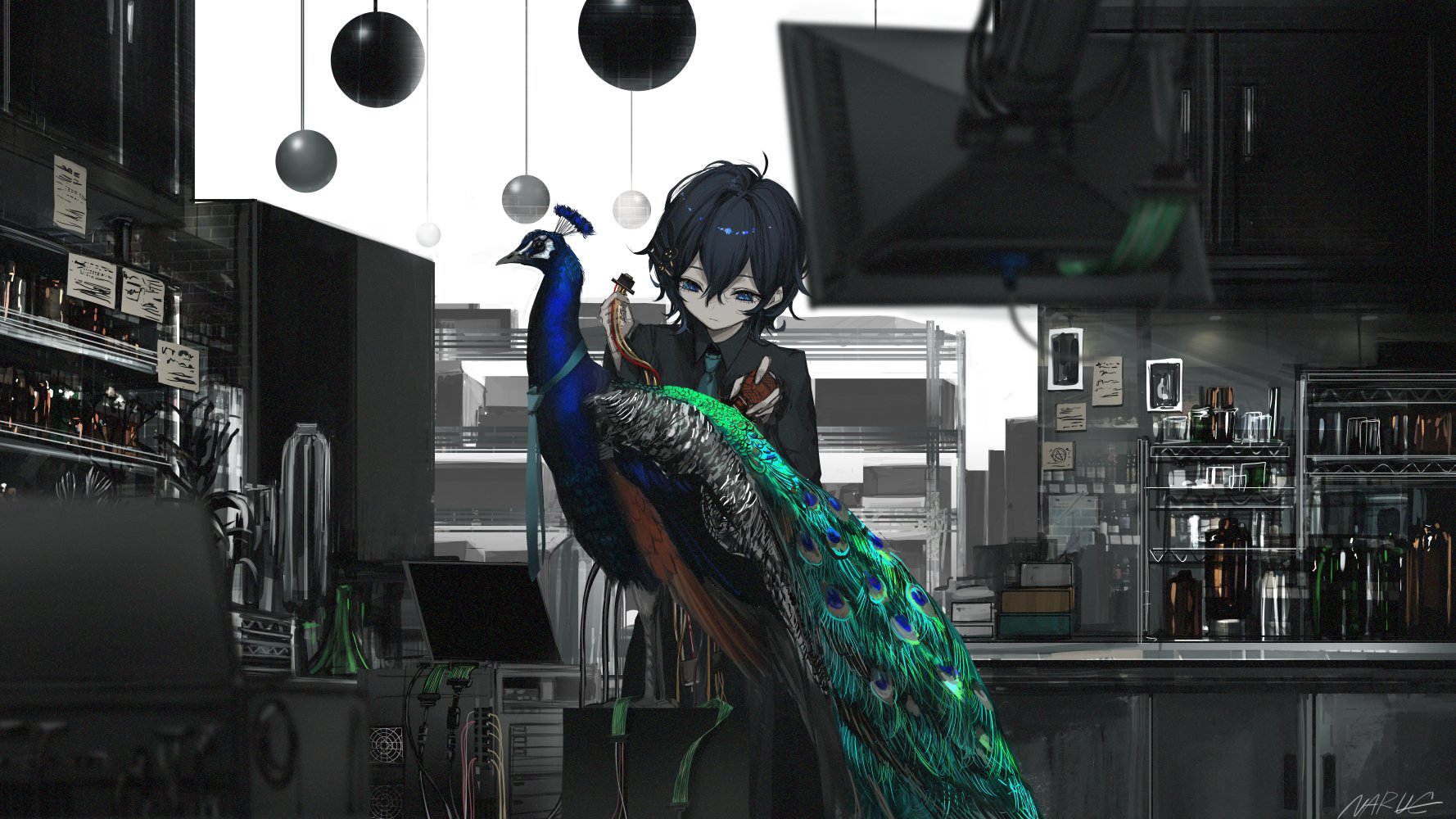 Anime Anime Girls Black Hair Barrette Blue Eyes Monitor Peacock Robot Wires Tuxedo Bottles Laborator 1778x1000