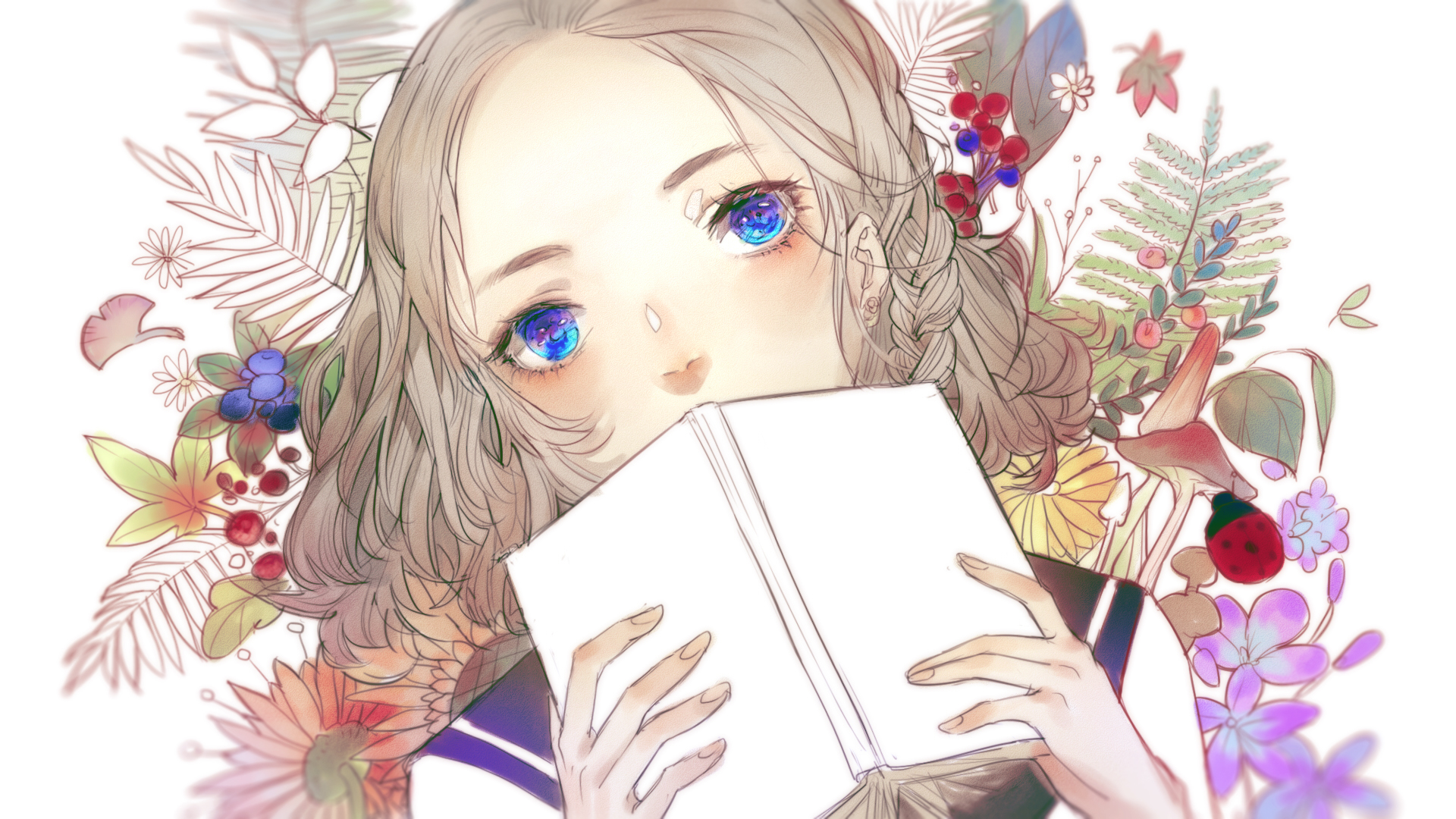 Anime Anime Girls Books Blue Eyes Blonde Flowers Earring Ladybugs White Background Mushroom Short Ha 1920x1080