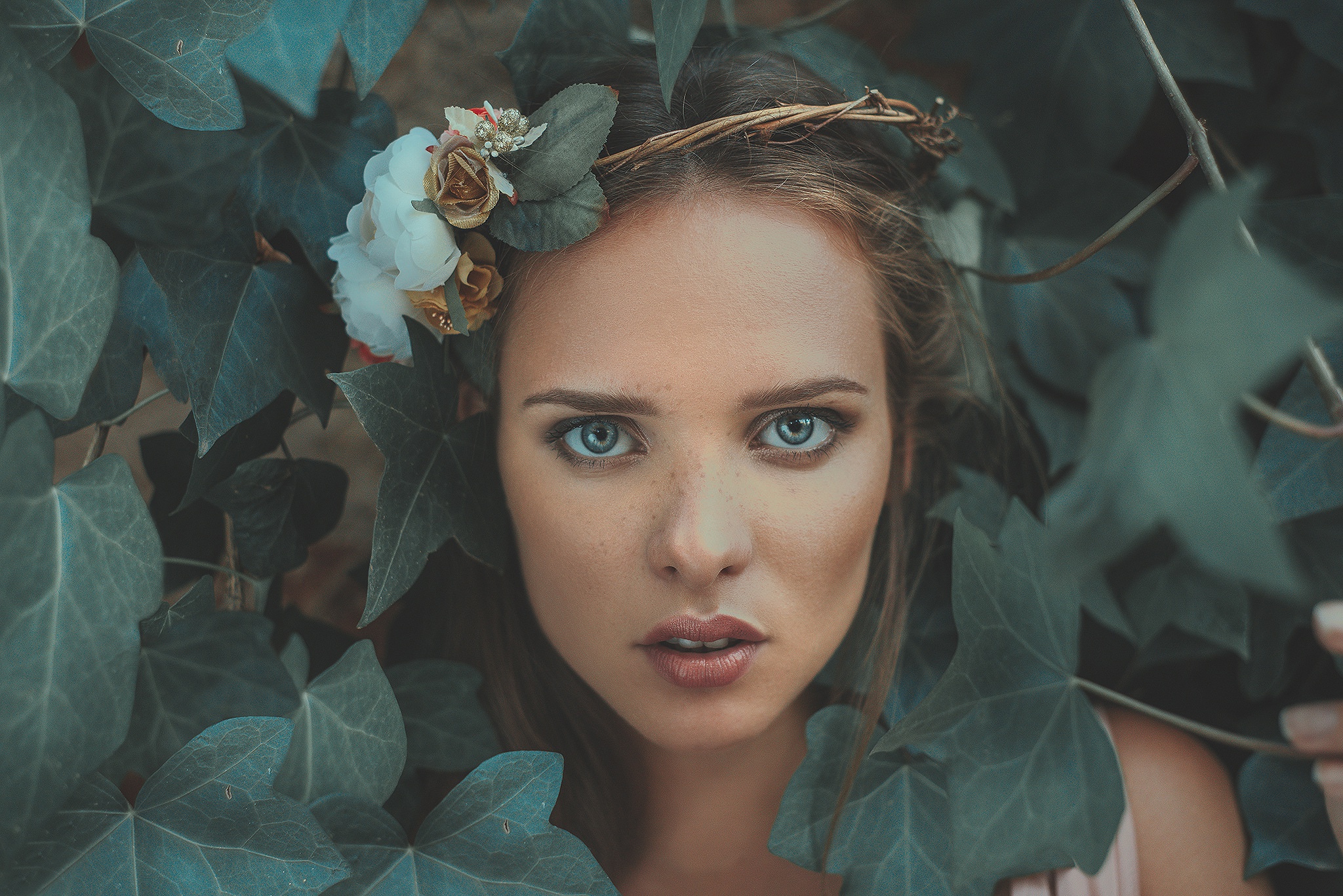 Woman Model Girl Brunette Blue Eyes Ivy Wreath Leaf 2048x1367
