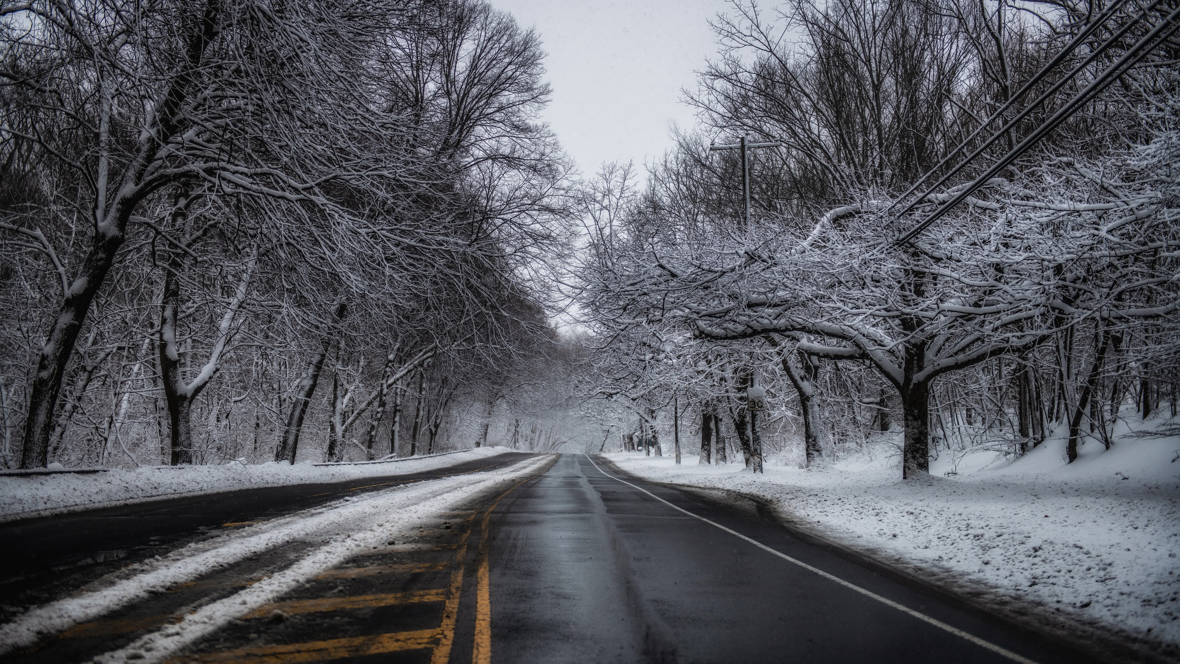 Outdoors Trees Winter Cold Ice Snow Road Asphalt 3840x2160