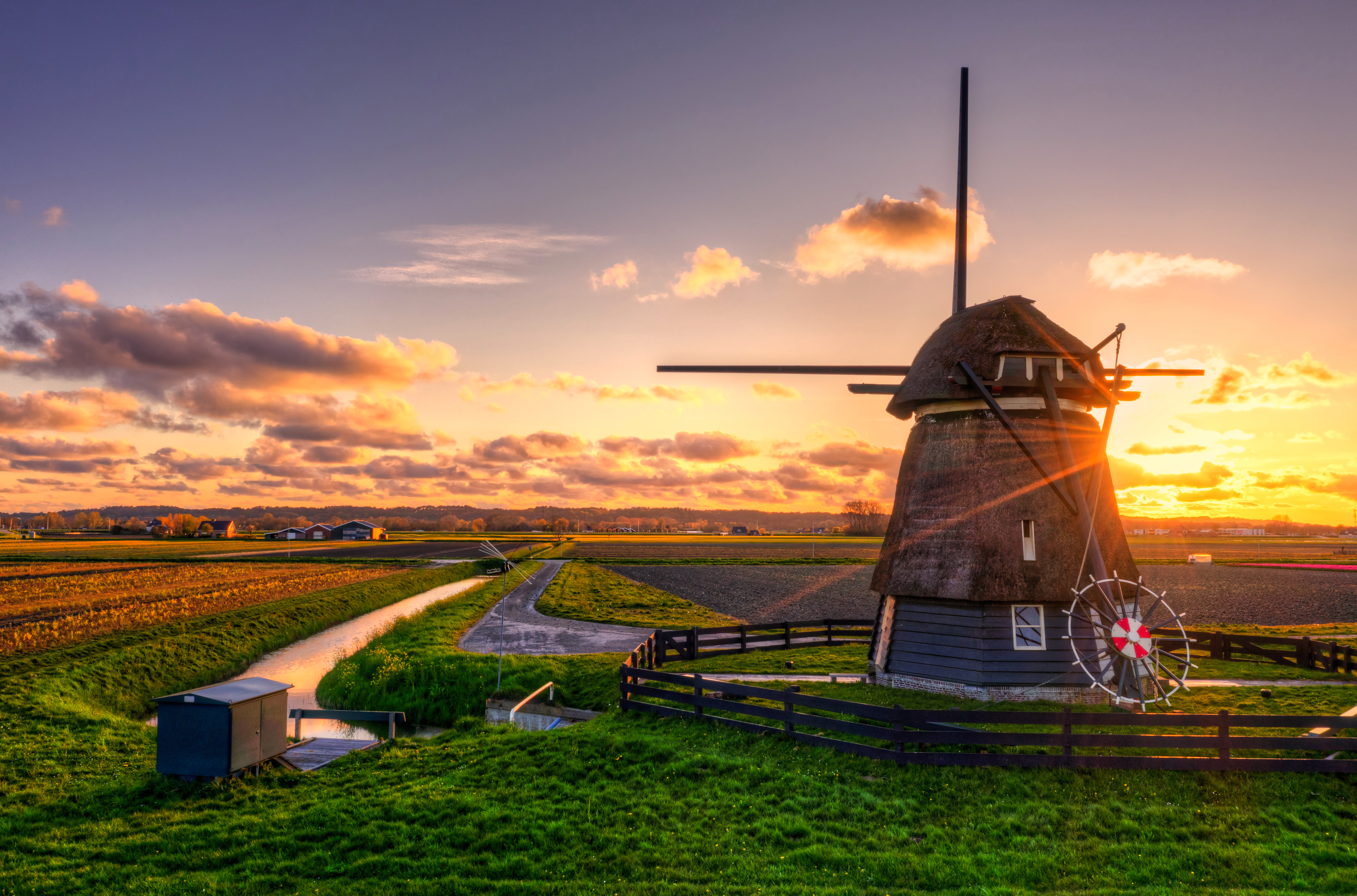 Windmill Field Water Landscape Sun Sunset HDR Clouds Sky Fence Photography Nature Outdoors Warm Warm 5120x3380