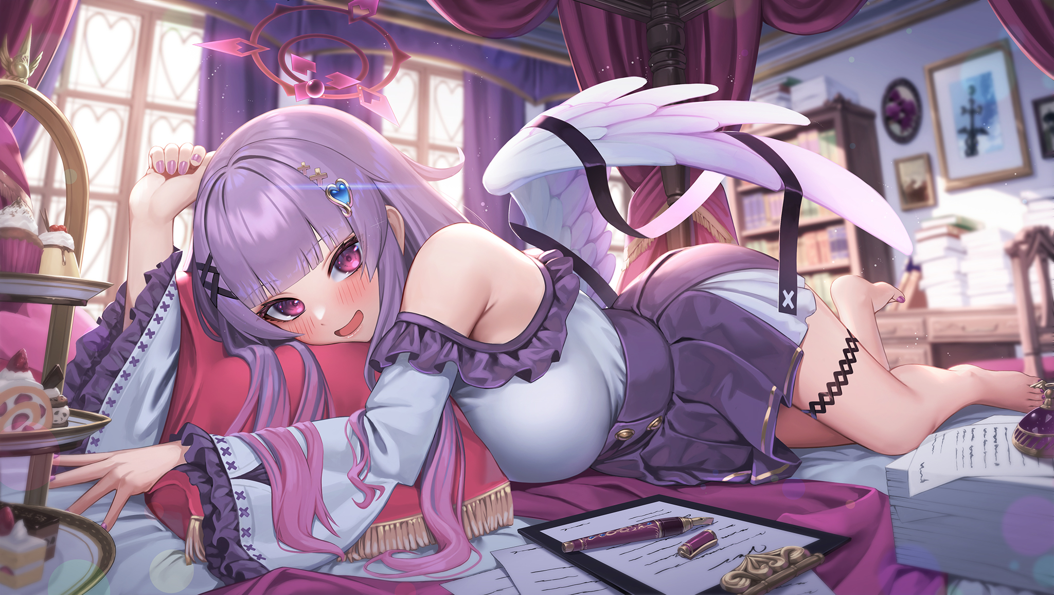 Anime Anime Girls Blushing Long Hair Purple Hair Purple Eyes Nimbus Wings Virtual Youtuber Artwork S 2049x1157