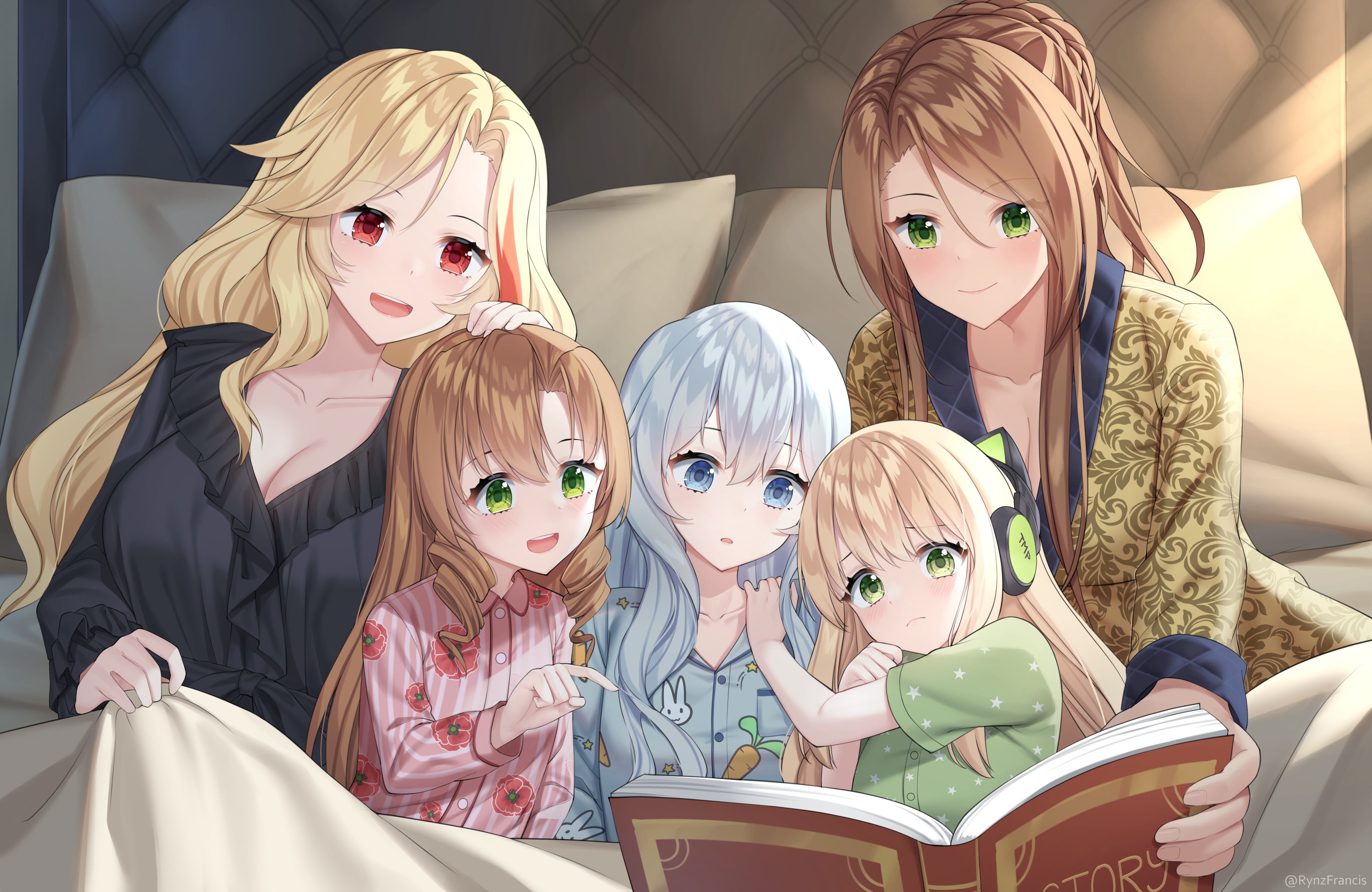 Anime Anime Girls RynzFrancis Artwork In Bed Books Blonde Brunette Blue Hair Reading 4370x2840