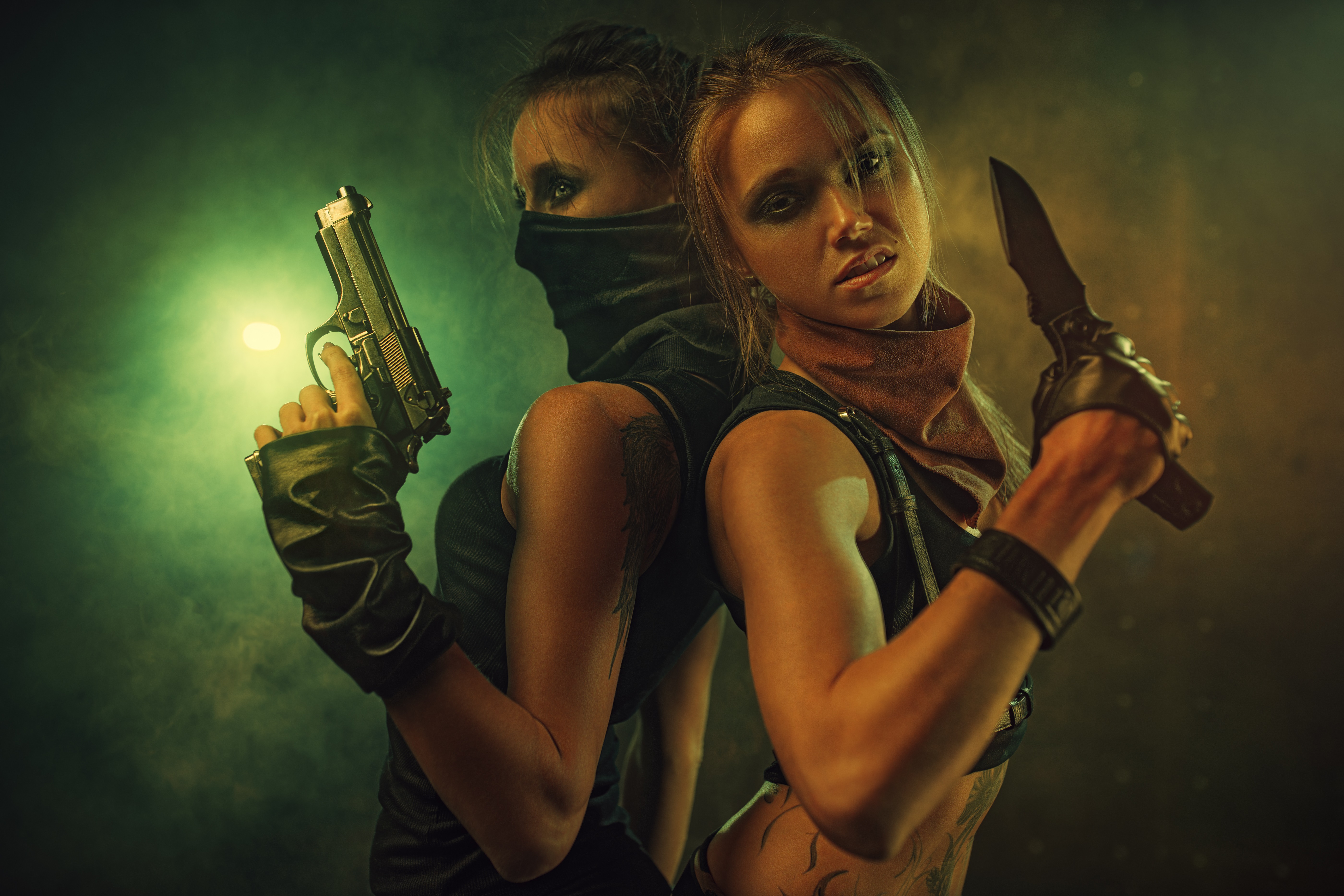 Women Two Women Gun Night Crime Dark Pistol Portrait Knife Warrior Soldier Lights Mask Angry 5600x3735
