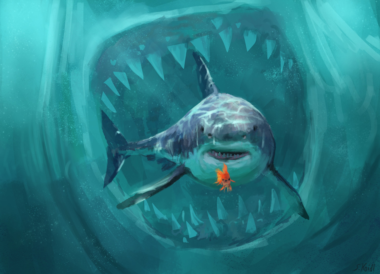 Artwork Shark Goldfish Megalodon 1500x1084