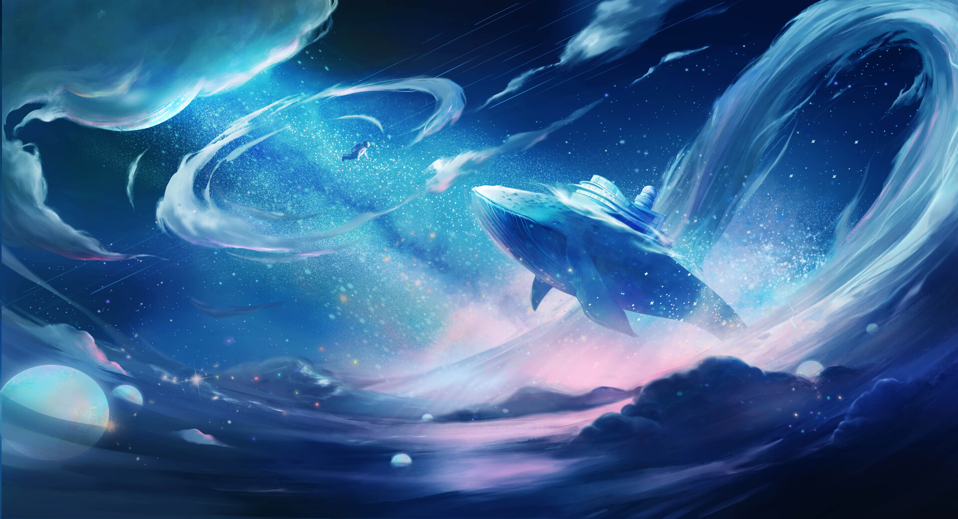 Digital Art Fantasy Art Whale Clouds Space 1920x1042