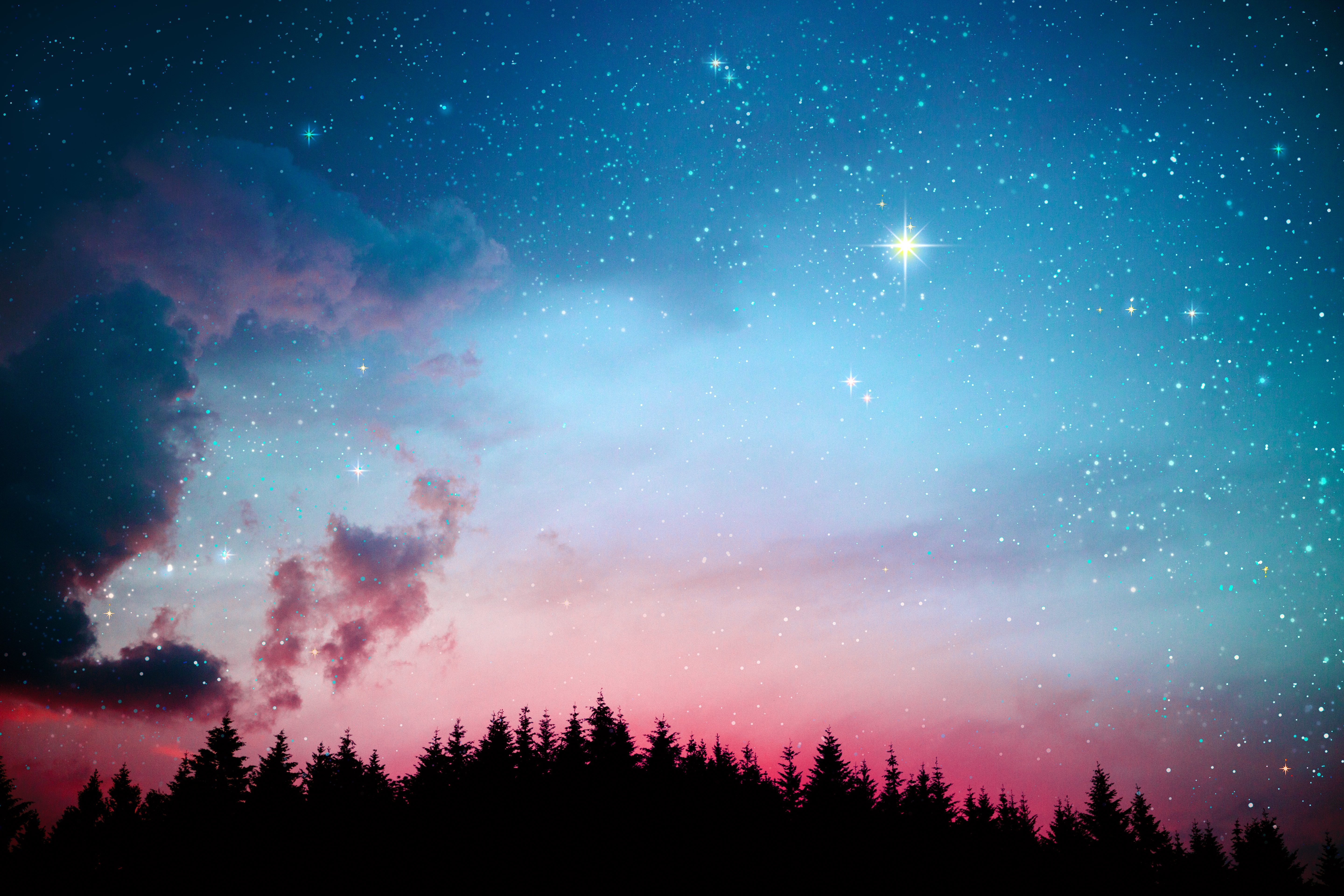 Sky Space Stars Galaxy Dark Lights Pink Night Forest Clouds Digital Art Artwork 5760x3840