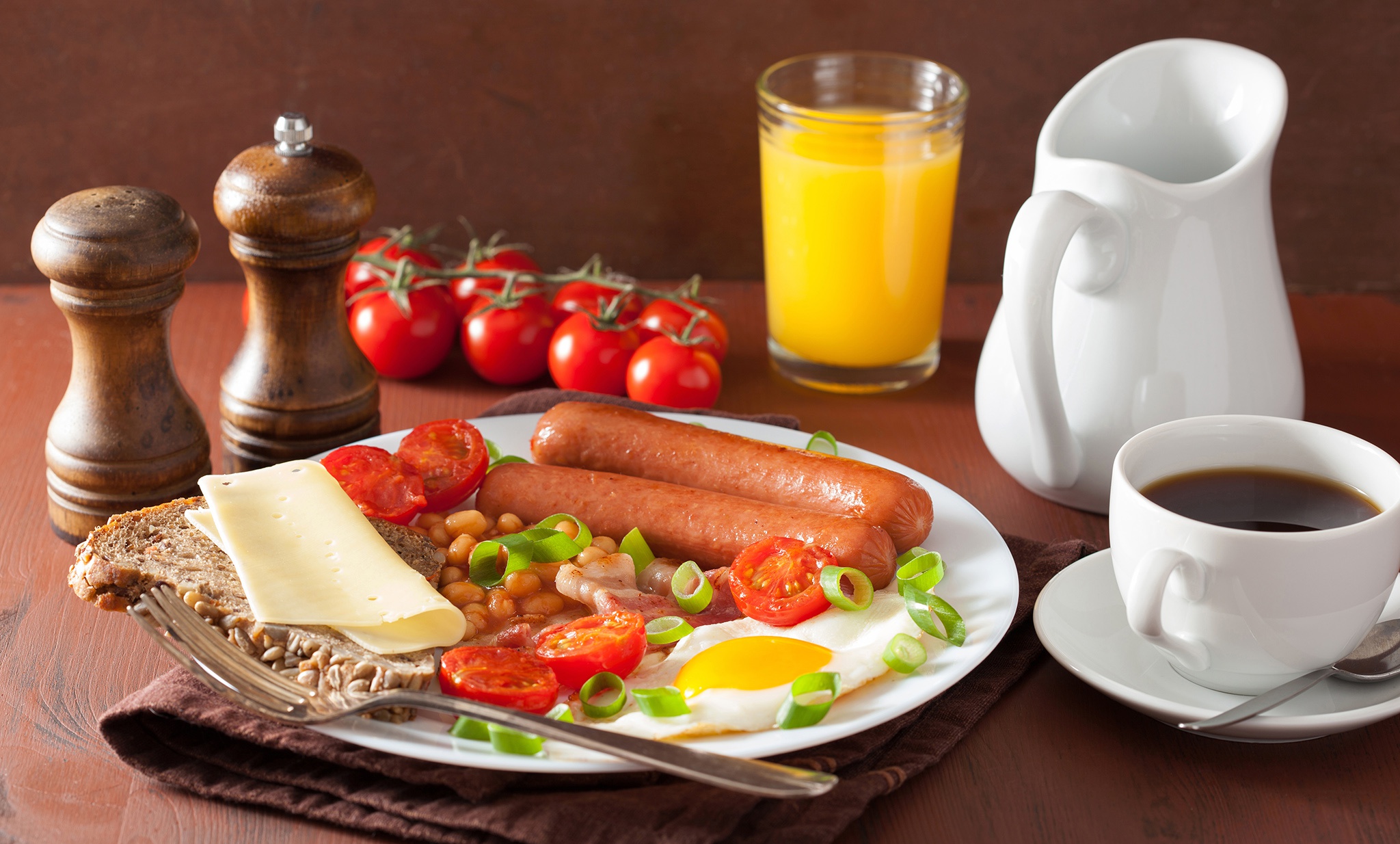 Breakfast Cheese Coffee Cup Glass Juice Sausage Still Life Tomato 2048x1234