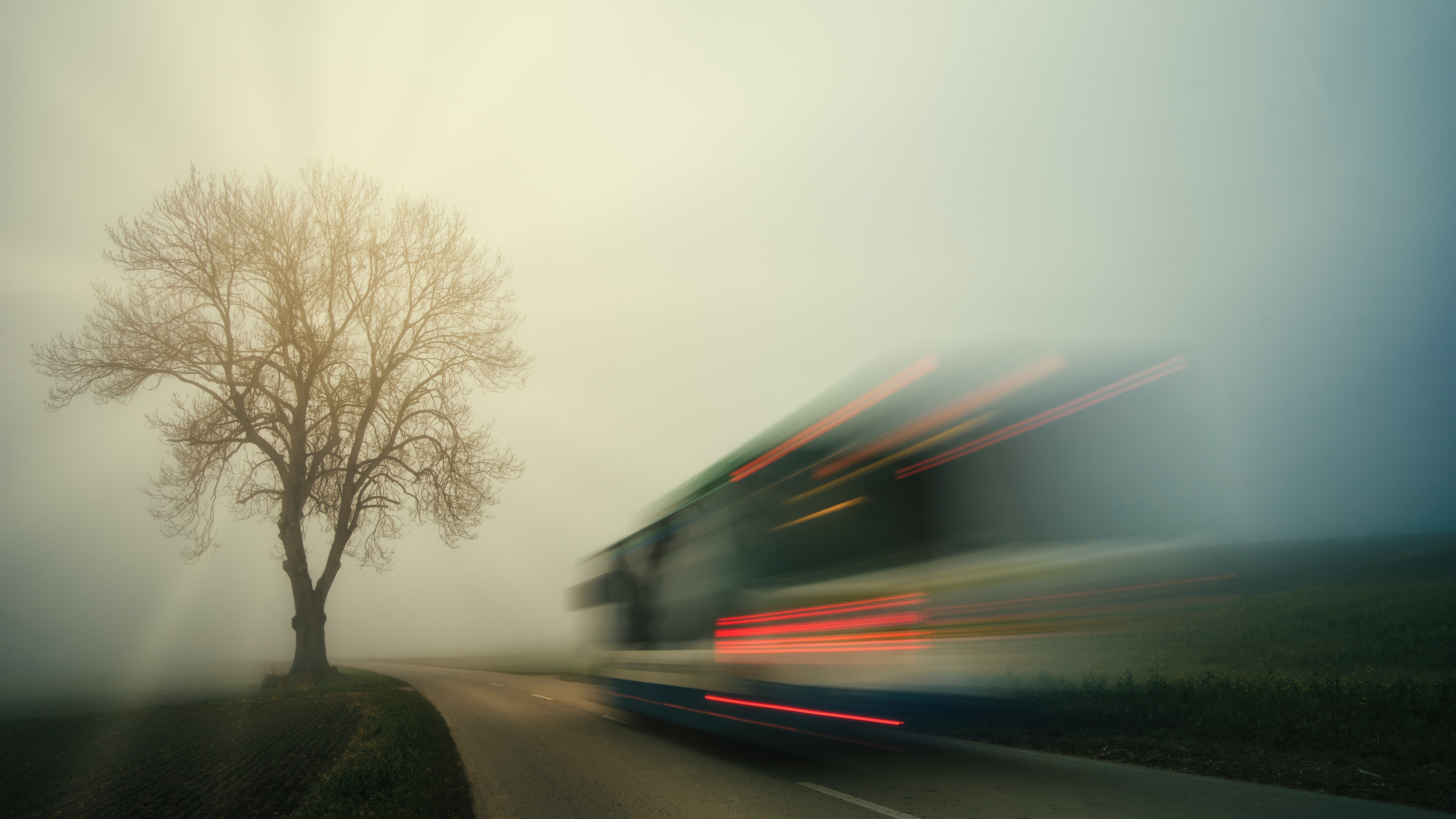 Road Mist Landscape Lights Blurred Motion Blur Trees Vehicle 5632x3168