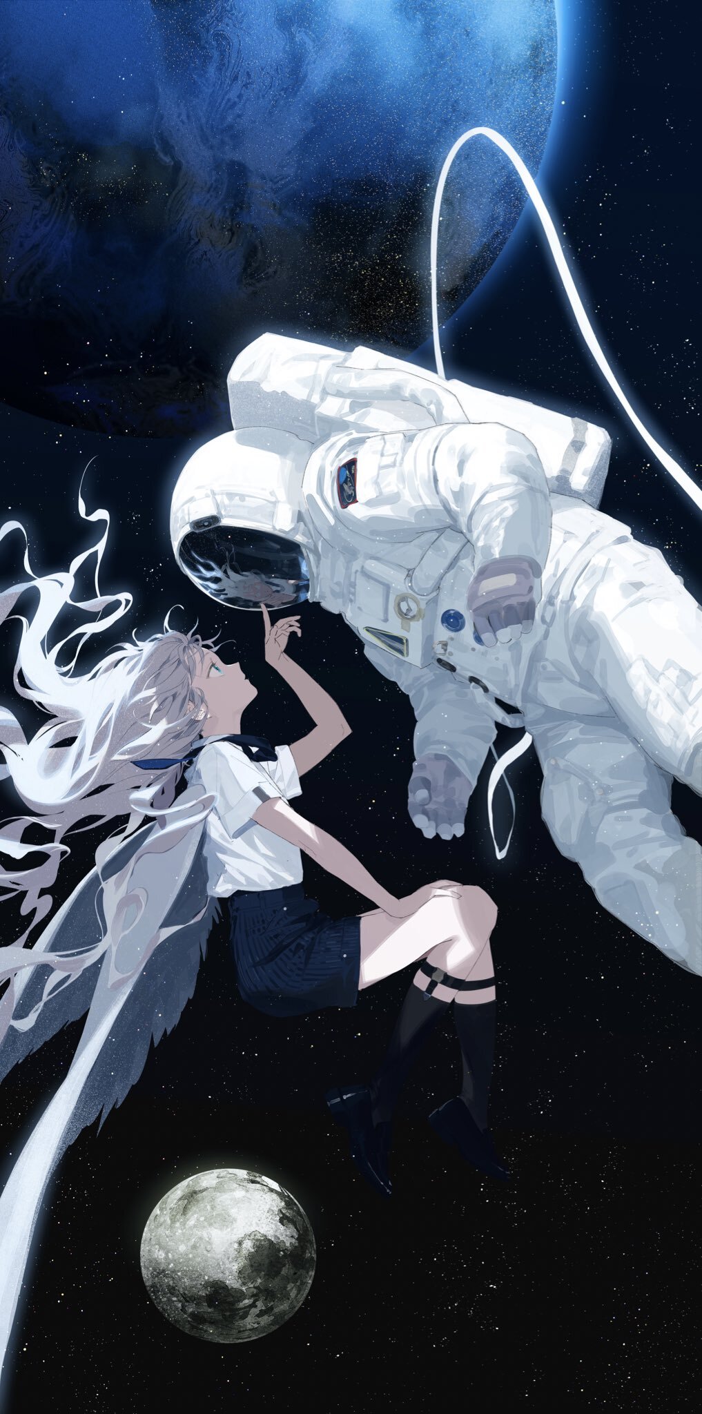 Fantasy Girl Space Astronaut White Hair Sailor Uniform Artwork 1017x2048