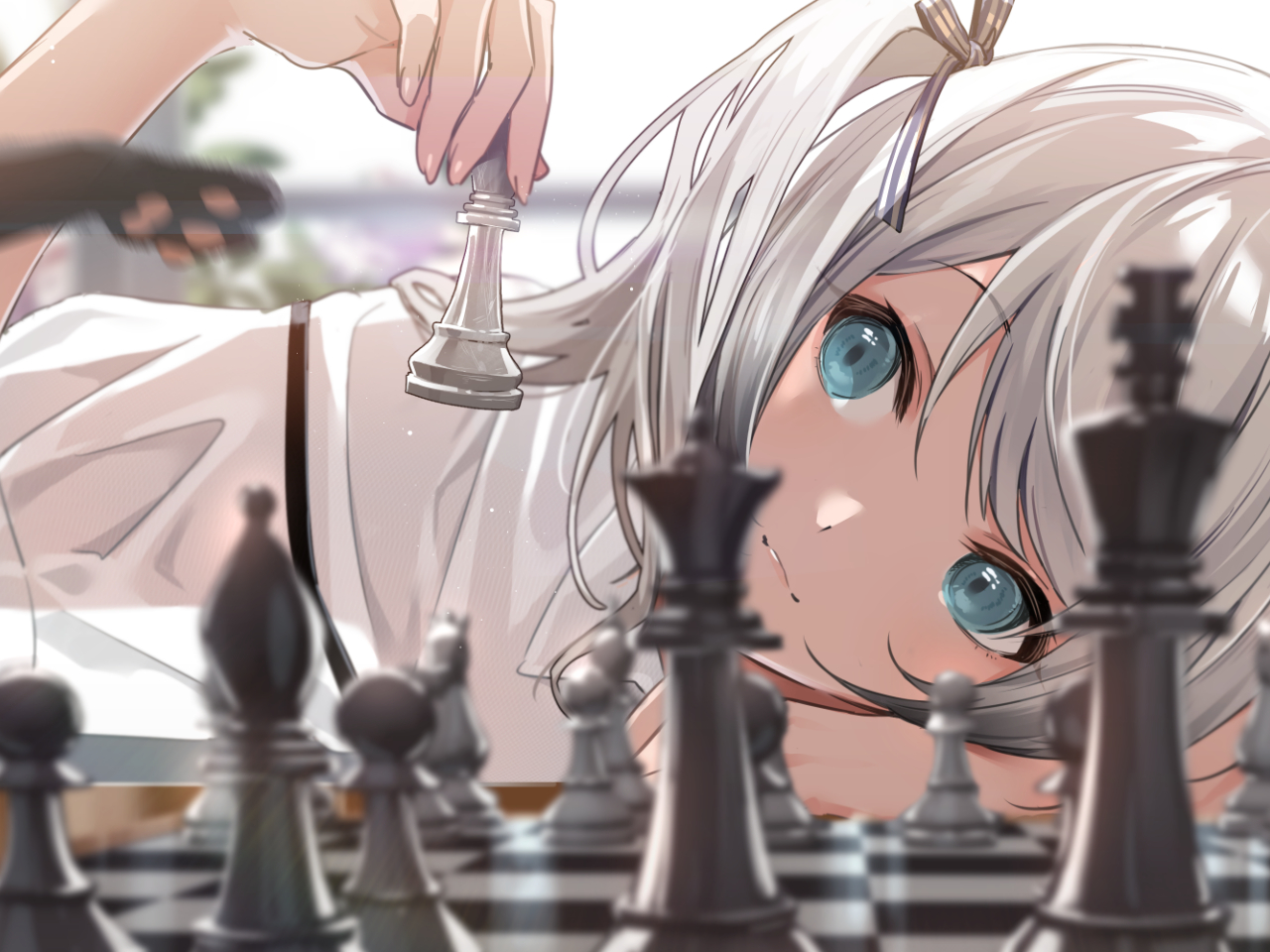 Anime Anime Girls Blonde Chess Cats Blue Eyes Ribbons Long Nails Silver Hair Artwork Zattape 1280x960