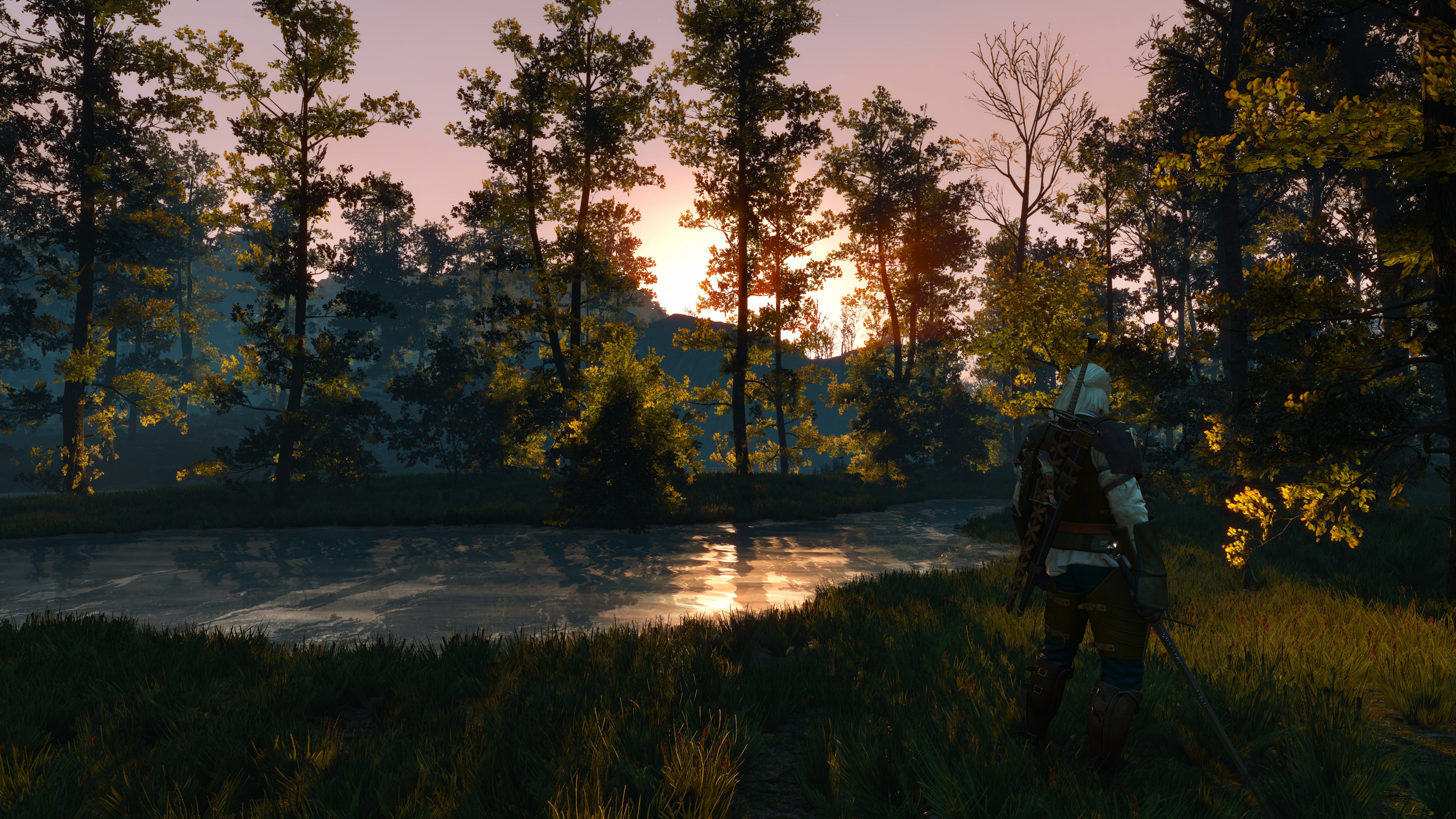 Andrzej Sapkowski Sword Trees Nature River Forest Dawn Lake The Witcher 3 Wild Hunt Video Games Whit 4268x2402