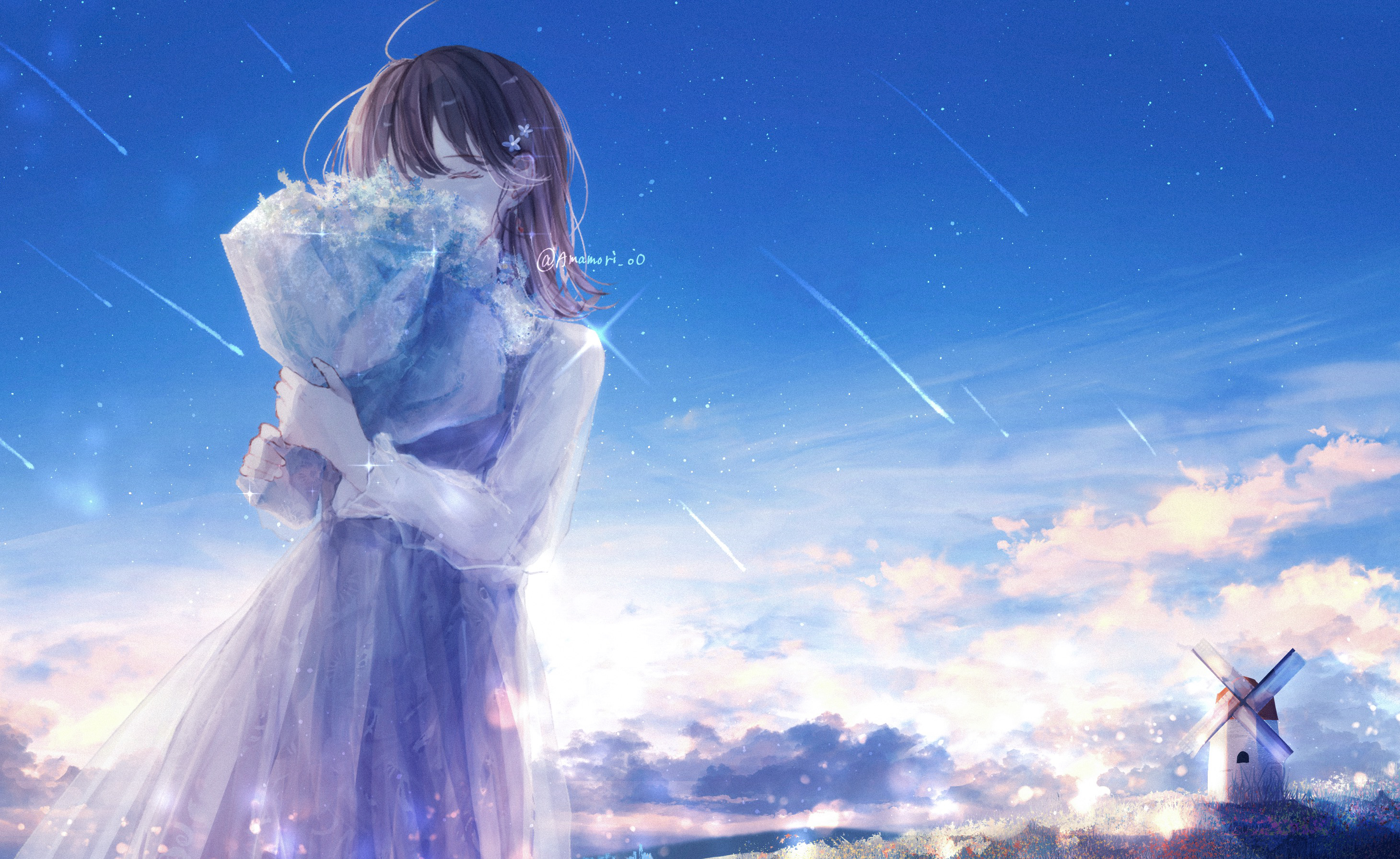 Anime Anime Girls Amenomori Howa Artwork Brunette Dress Flowers Sky 2920x1792