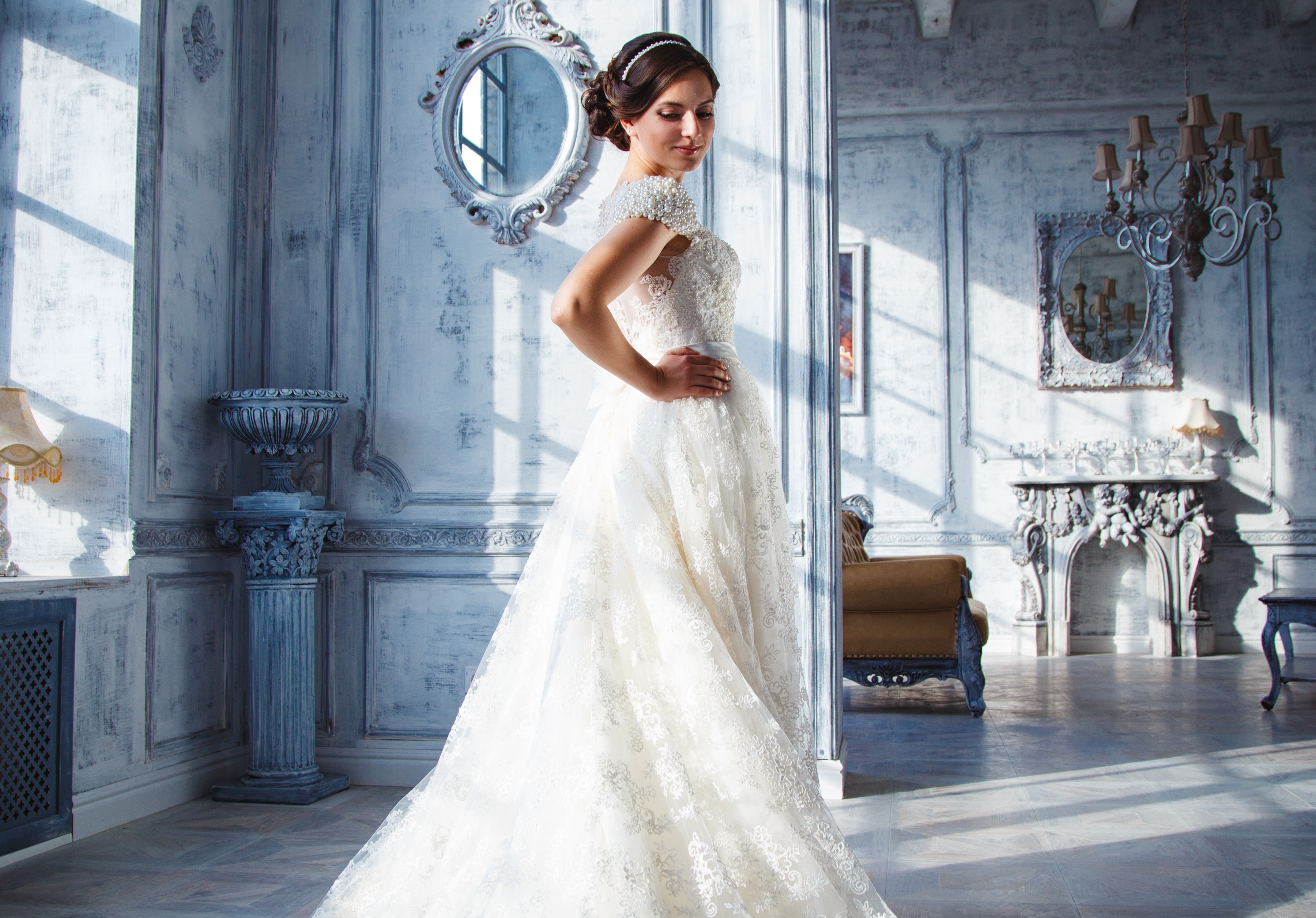 Woman Girl Wedding Dress Brunette White Dress 3599x2510