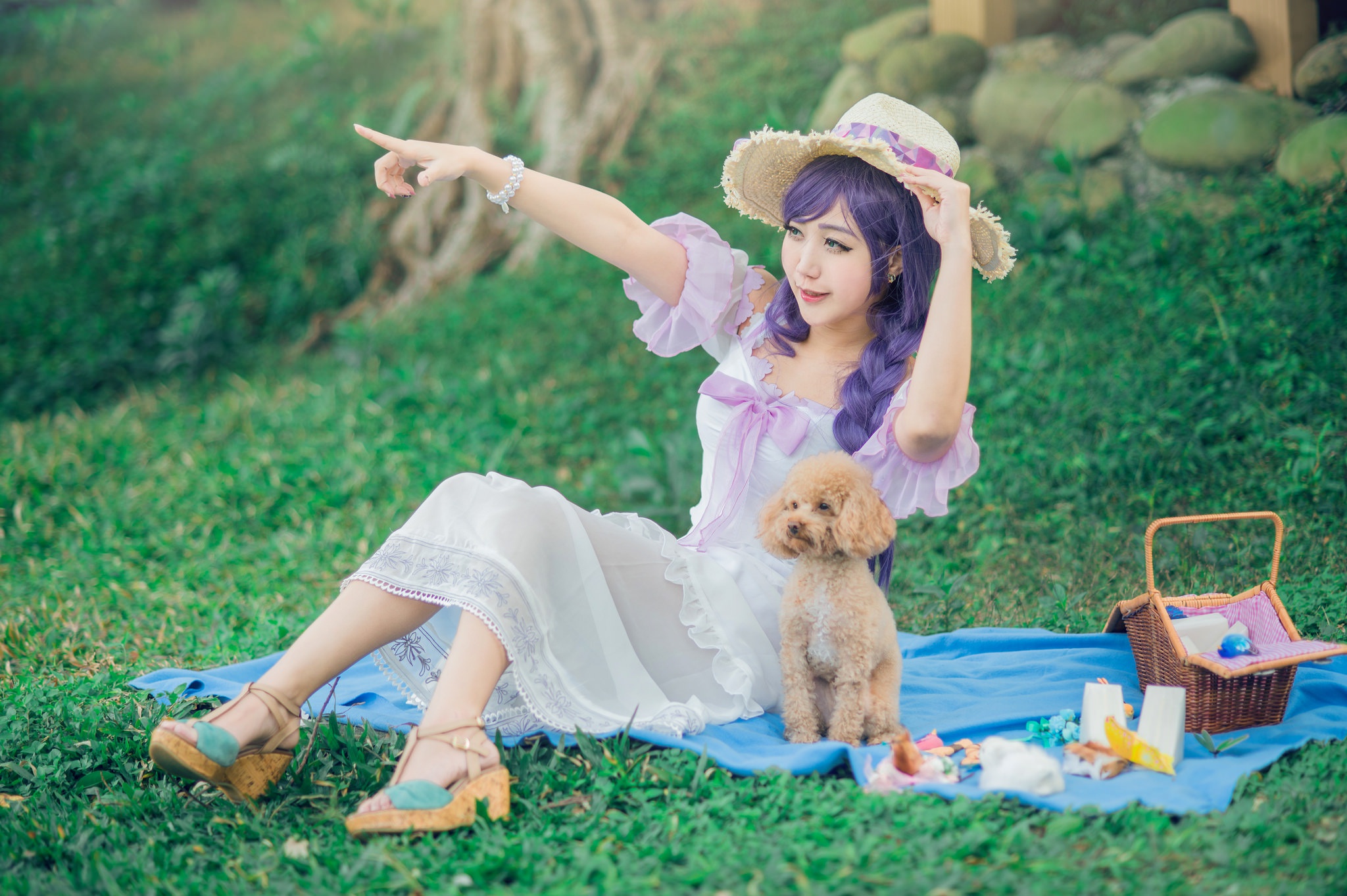 Asian Model Women Long Hair Dark Hair Straw Hat Grass Blankets Dog Baskets Barefoot Sandal Dress Bra 2048x1363
