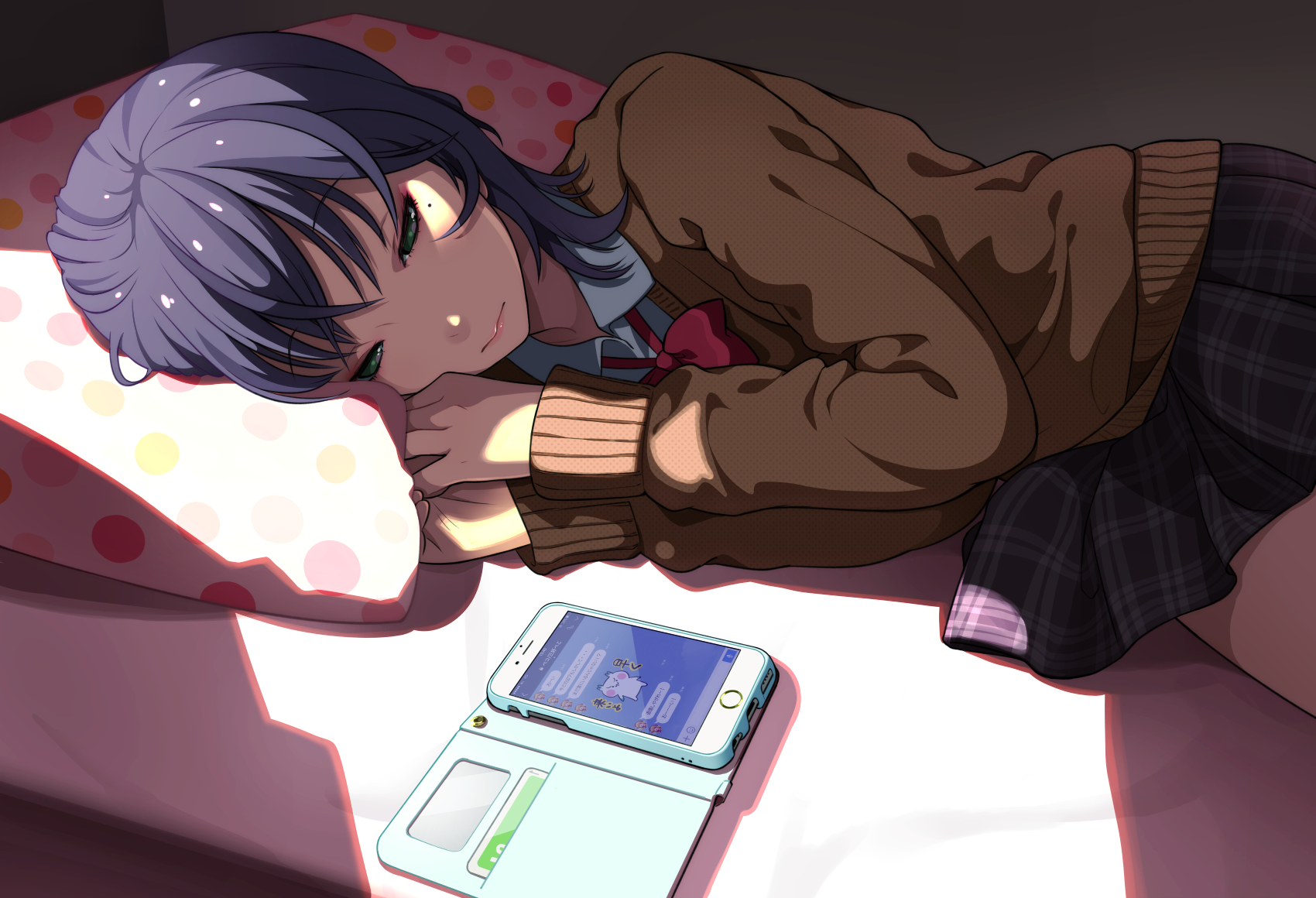Anime Anime Girls In Bed Green Eyes Smartphone Sweater Purple Hair Pillow Light Effects Shoulder Len 1700x1160