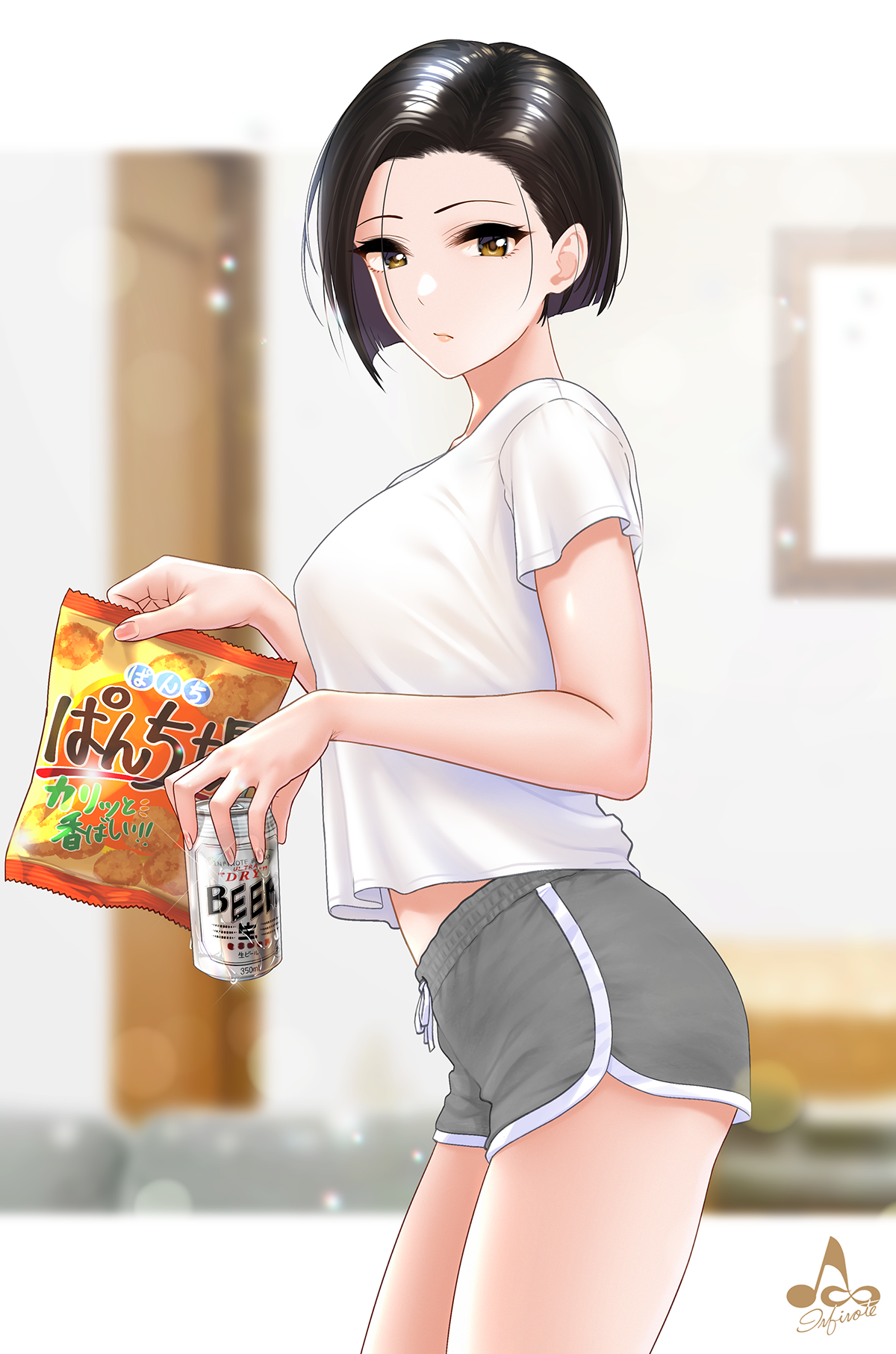 Anime Anime Girls Original Characters Short Hair Beer Infinote Vertical Black Hair T Shirt 1200x1813