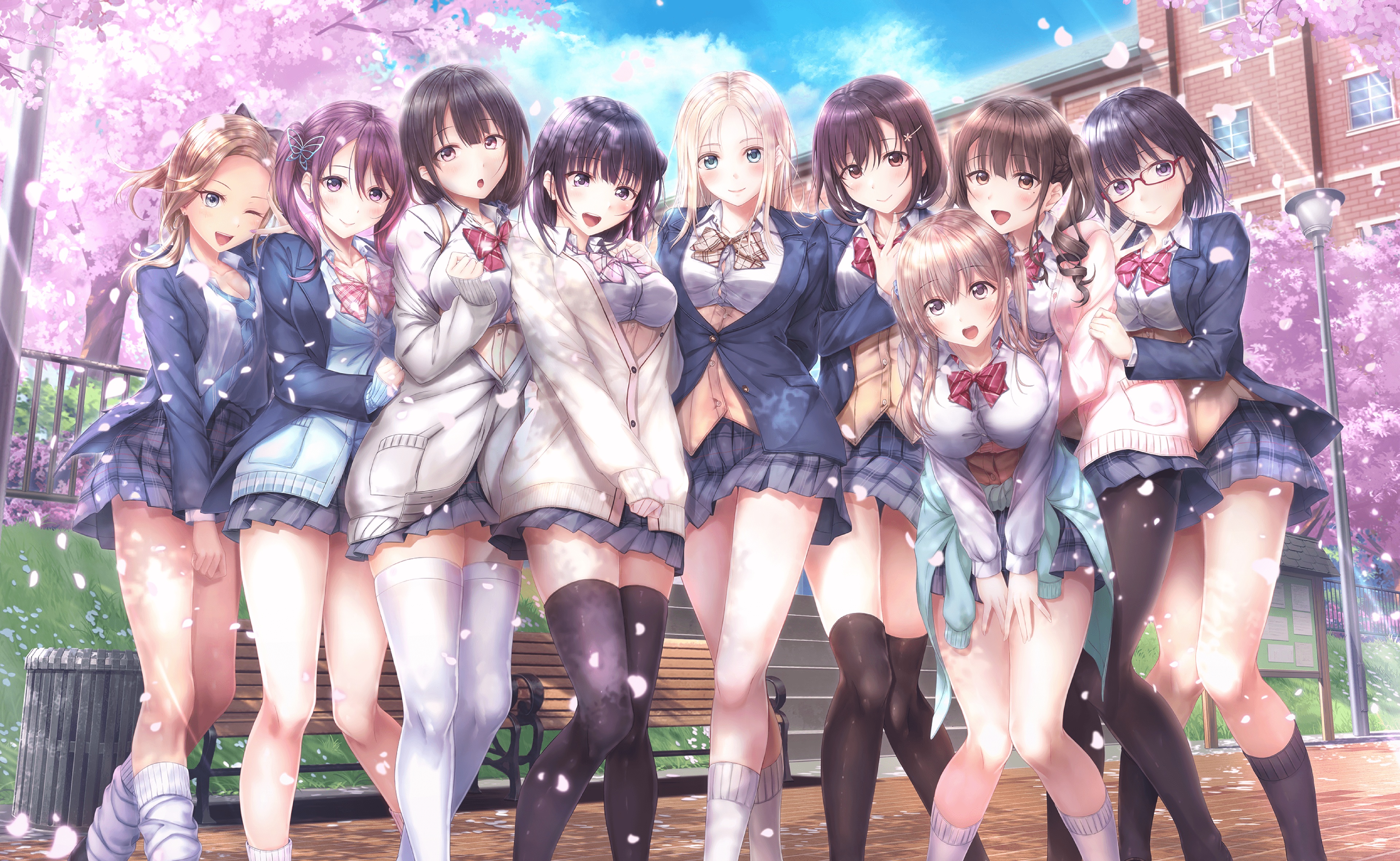 Anime Anime Girls Kirisawa Saki Artwork Ai Kiss 2 Cherry Blossom School Uniform Thigh Highs 3840x2360