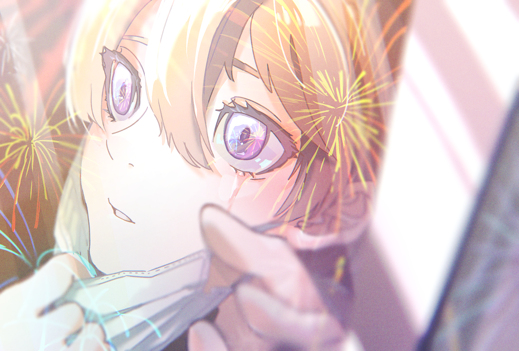 Anime Anime Girls Purple Eyes Blonde Mask Crying Fireworks Depth Of Field Looking Away Tears 1748x1181