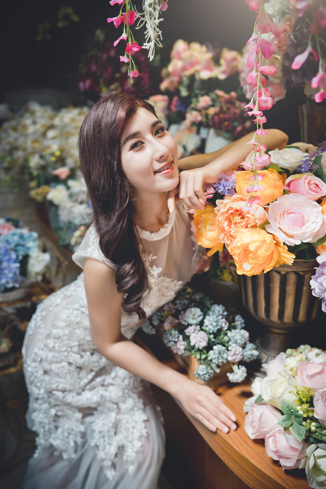 Asian Women Model Women Indoors Indoors Flowers Plants Brunette Long Hair Looking At Viewer White Dr 1365x2048