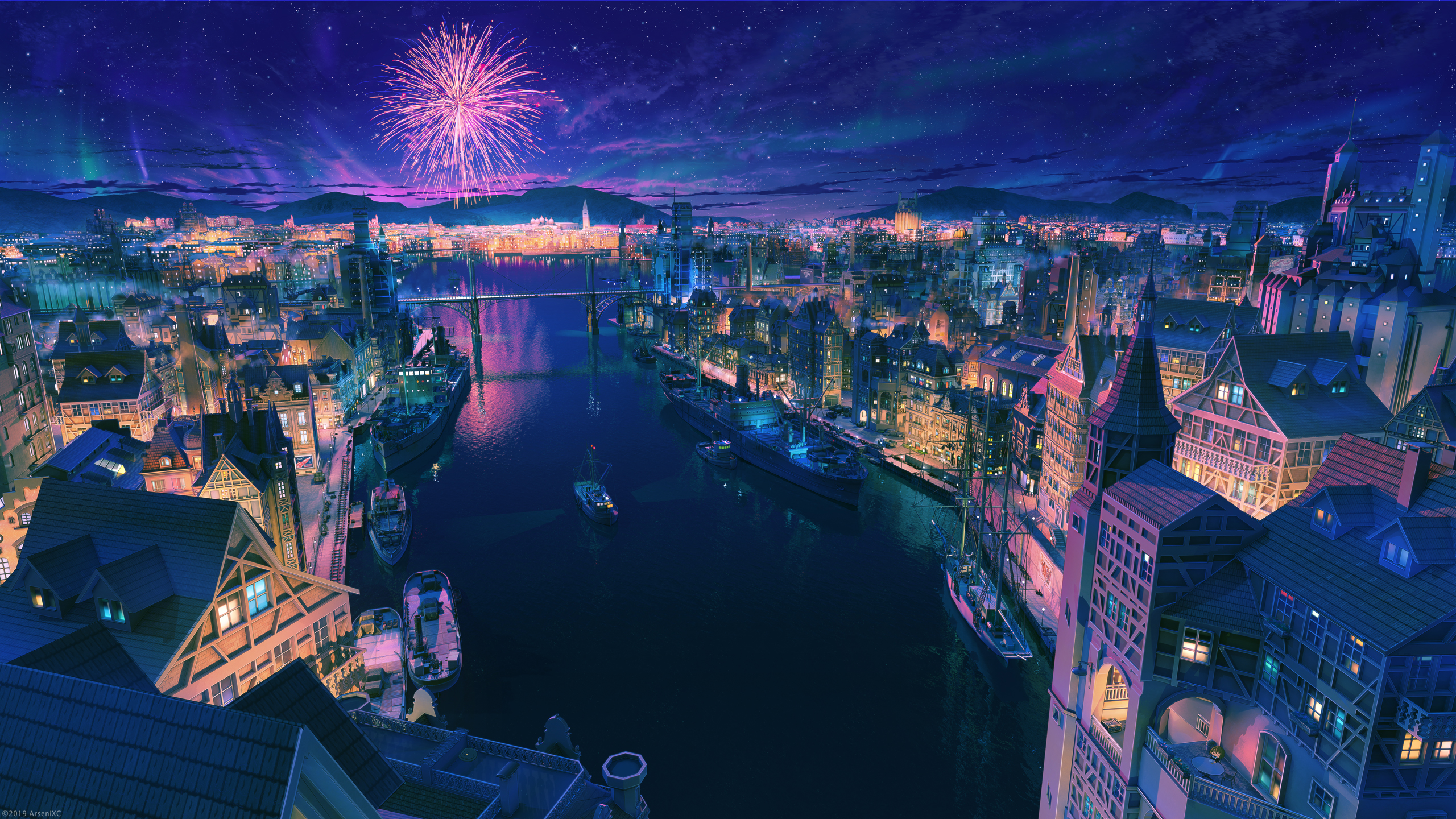 Boat Bridge City Fireworks Night River Stars 2560x1440