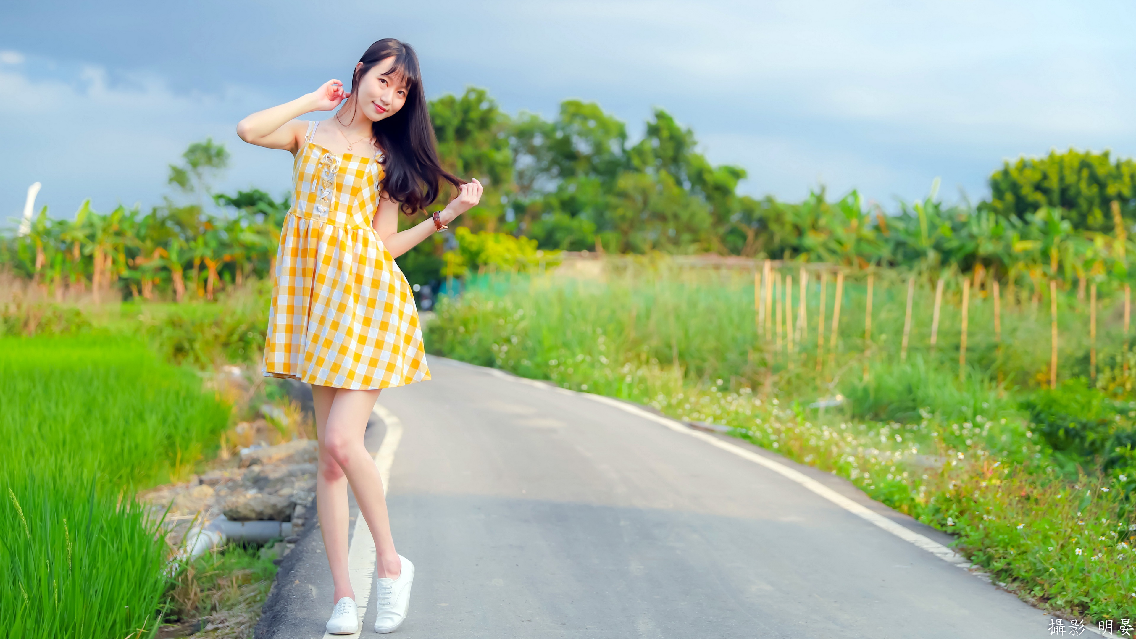 Asian Women Standing Model Women Outdoors Road Asphalt Dress Summer