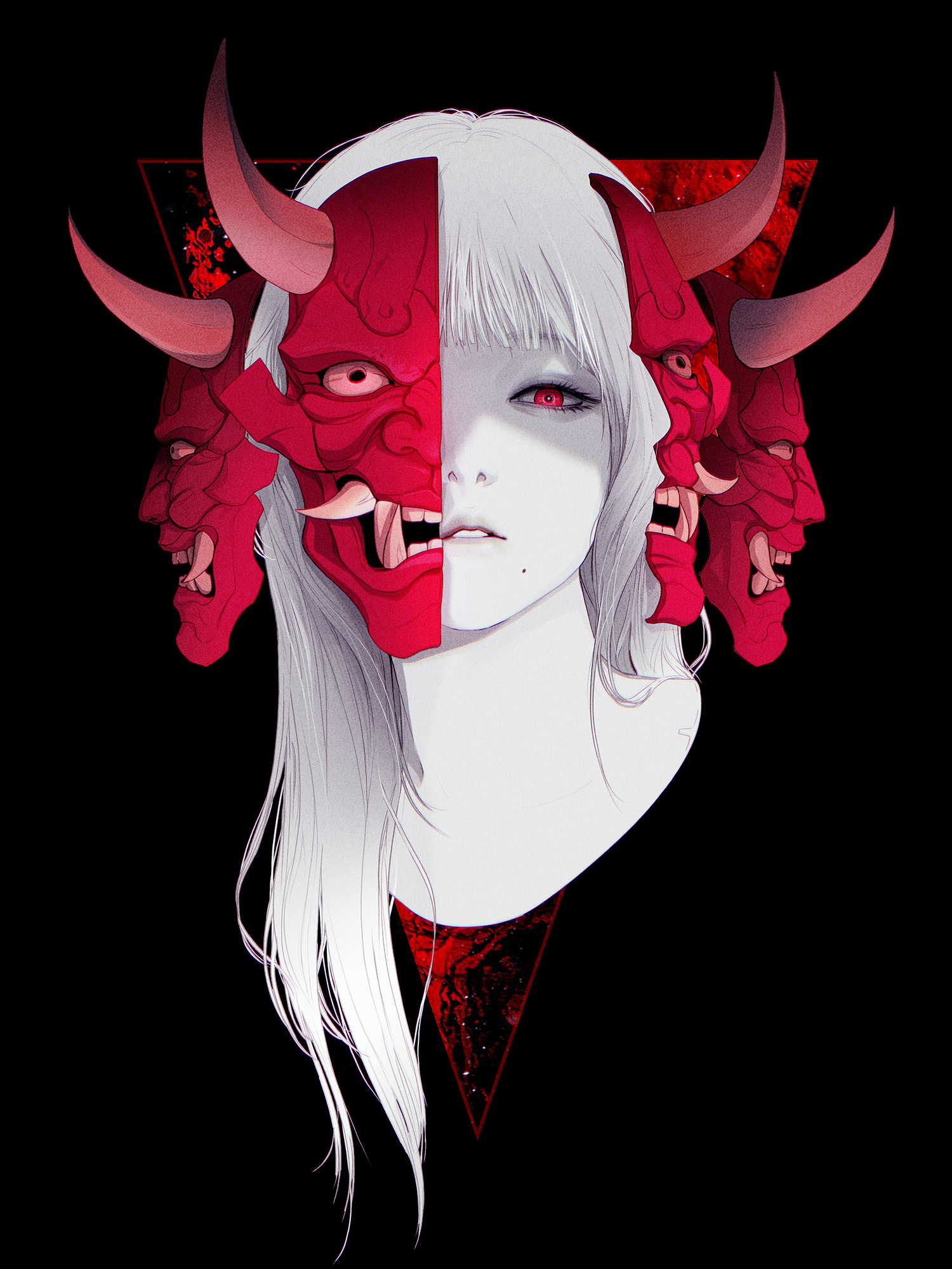 Gharliera Anime Girls Anime Horns Demon Horns Mask Red Eyes Black
