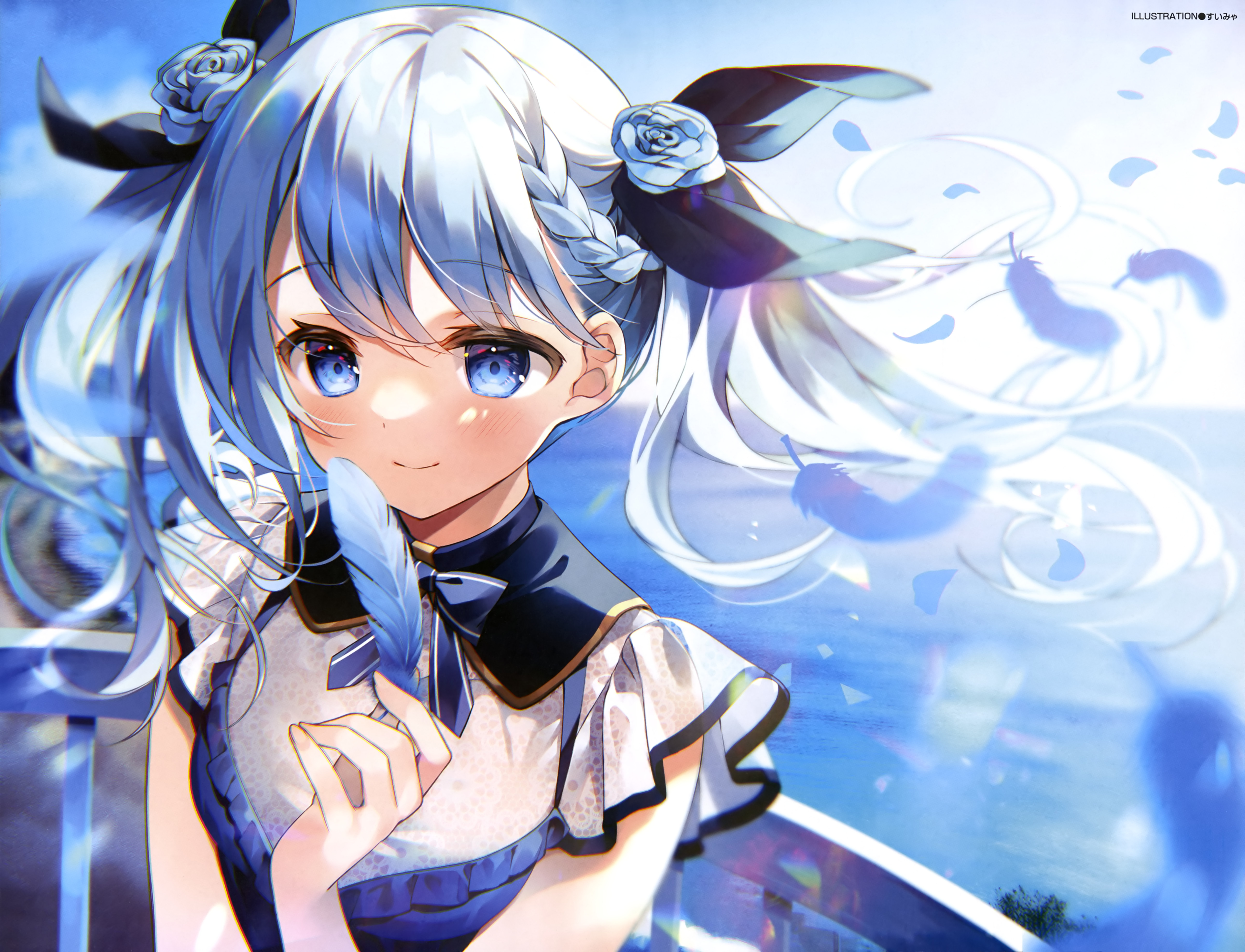 Anime Anime Girls Suimya Artwork Blue Hair Blue Eyes Smiling Feathers 5159x3947