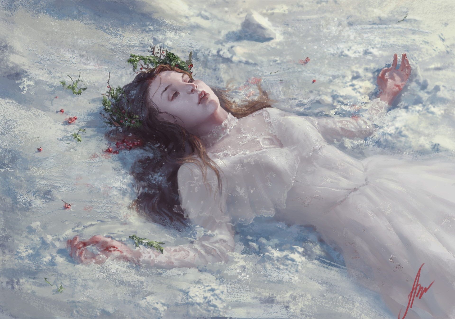Woman Girl Lying Down White Dress Redhead 1920x1347