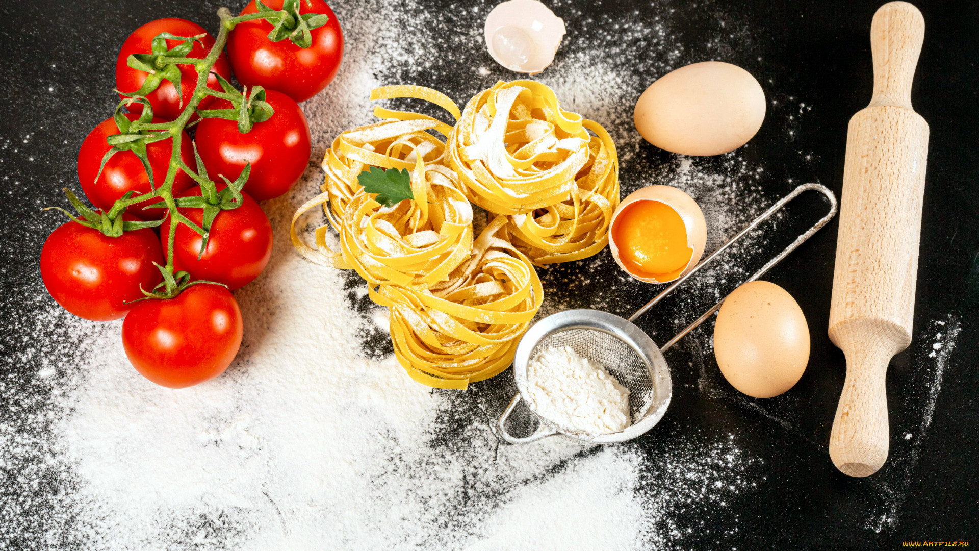 Food Tomatoes Noodles Eggs Cooking Rolling Pin Pasta Flour 1920x1080