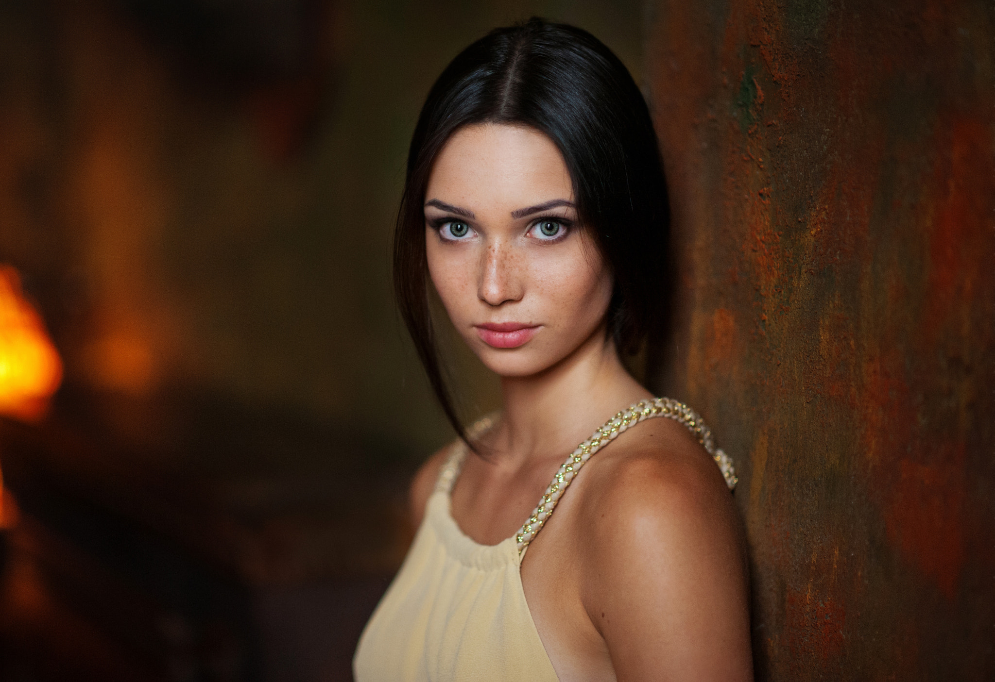 Maxim Maximov Women Mariya Volokh Dark Hair Blue Eyes Looking At Viewer Freckles Portrait 2048x1405