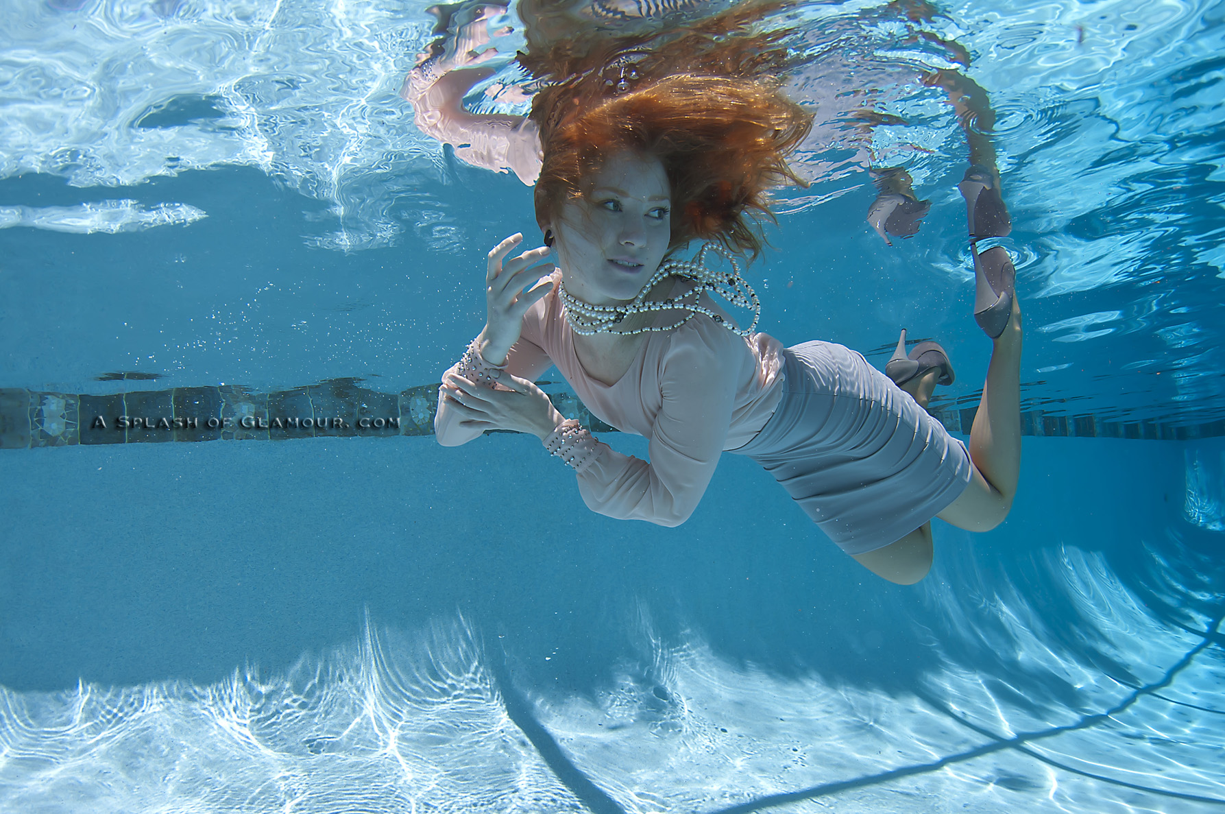 Swimming Pool Underwater Redhead Floating Skirt High Heels Savannah Model 1787x1187