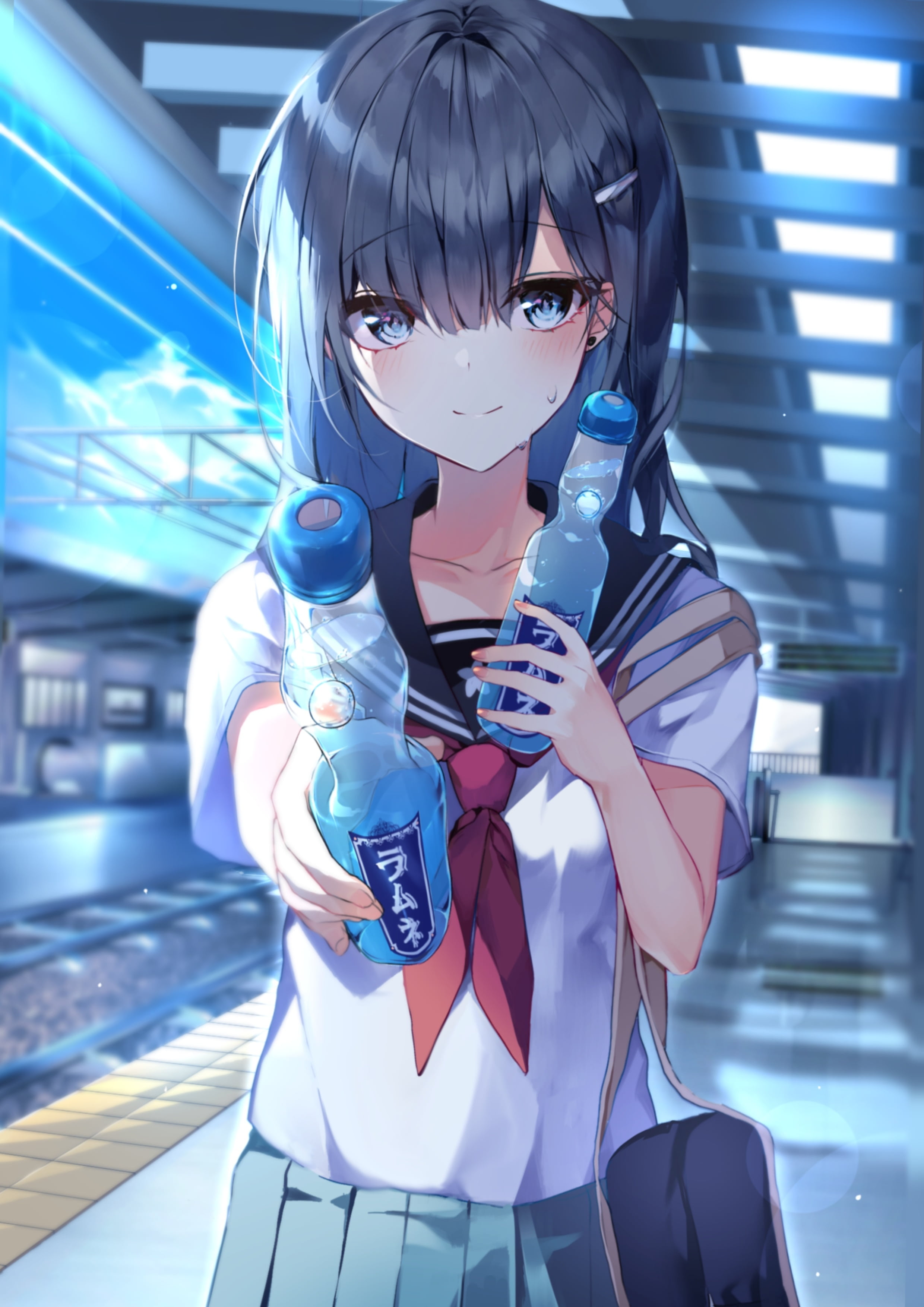 Anime Anime Girls Original Characters Artwork Bara Train Station School Uniform Water Bottle 2480x3508