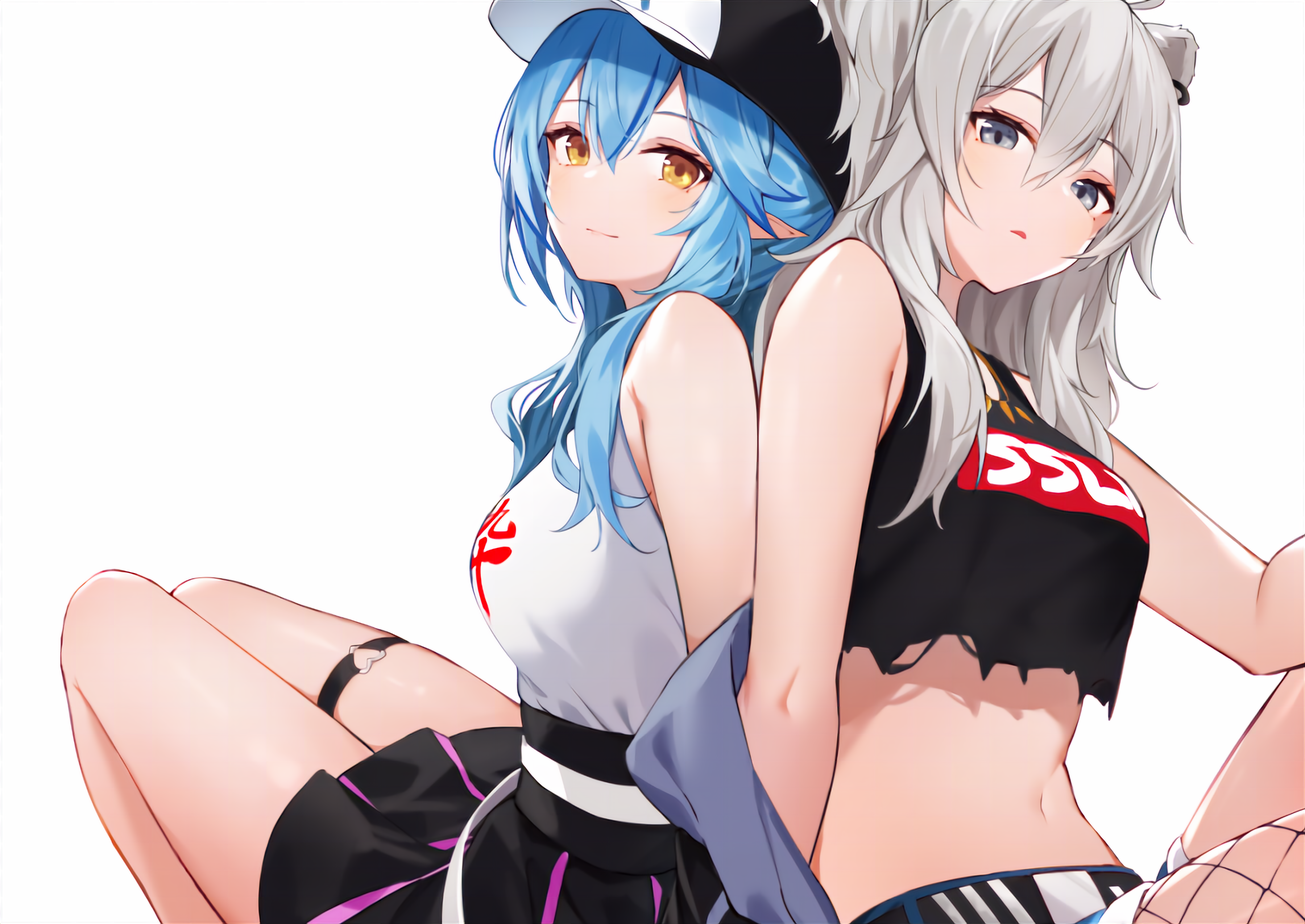 Anime Girls 2D Digital Art Digital Crop Top Skirt Blue Hair Sitting Back To Back 3600x2550