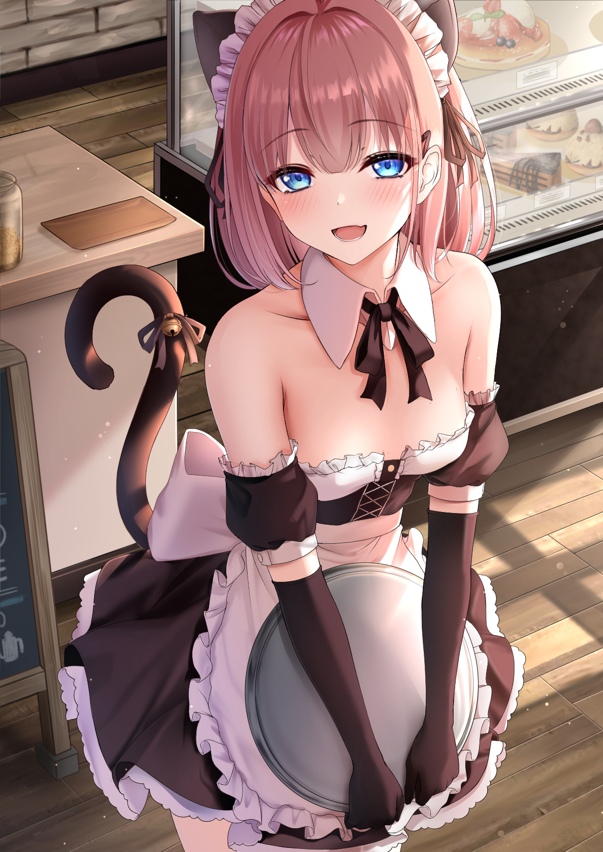 Anime Anime Girls Karu Artwork Original Characters Brunette Blue Eyes Animal Ears Tail Cat Girl Wait 1191x1684